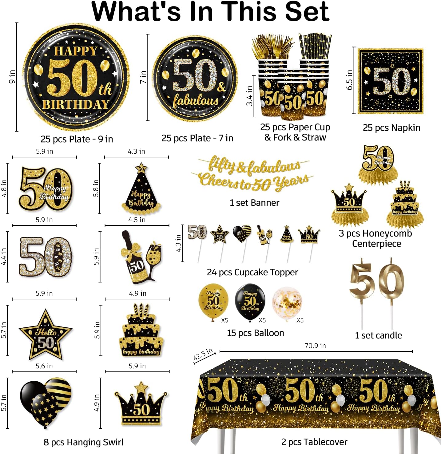 201Pcs 50th Birthday Decorations Men Tableware Set Serves 25 Guests, 50th Birthday Decorations for Men Include Candle, Banner, Plates and Tablecloths, for Gold 50th Birthday Party - Image 2