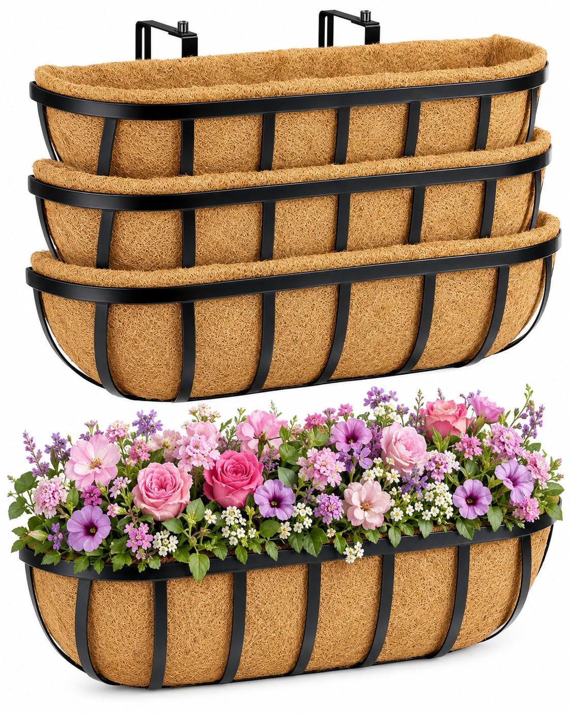 Hfhome 24“（61Cm）-4P Black Set Of 4 Wall Trough Planter, 60.9Cm/24In Outdoor Metal Window Box With Coco Liner, Rust-Resistant Floating Planters For Fence Railing & Balcony