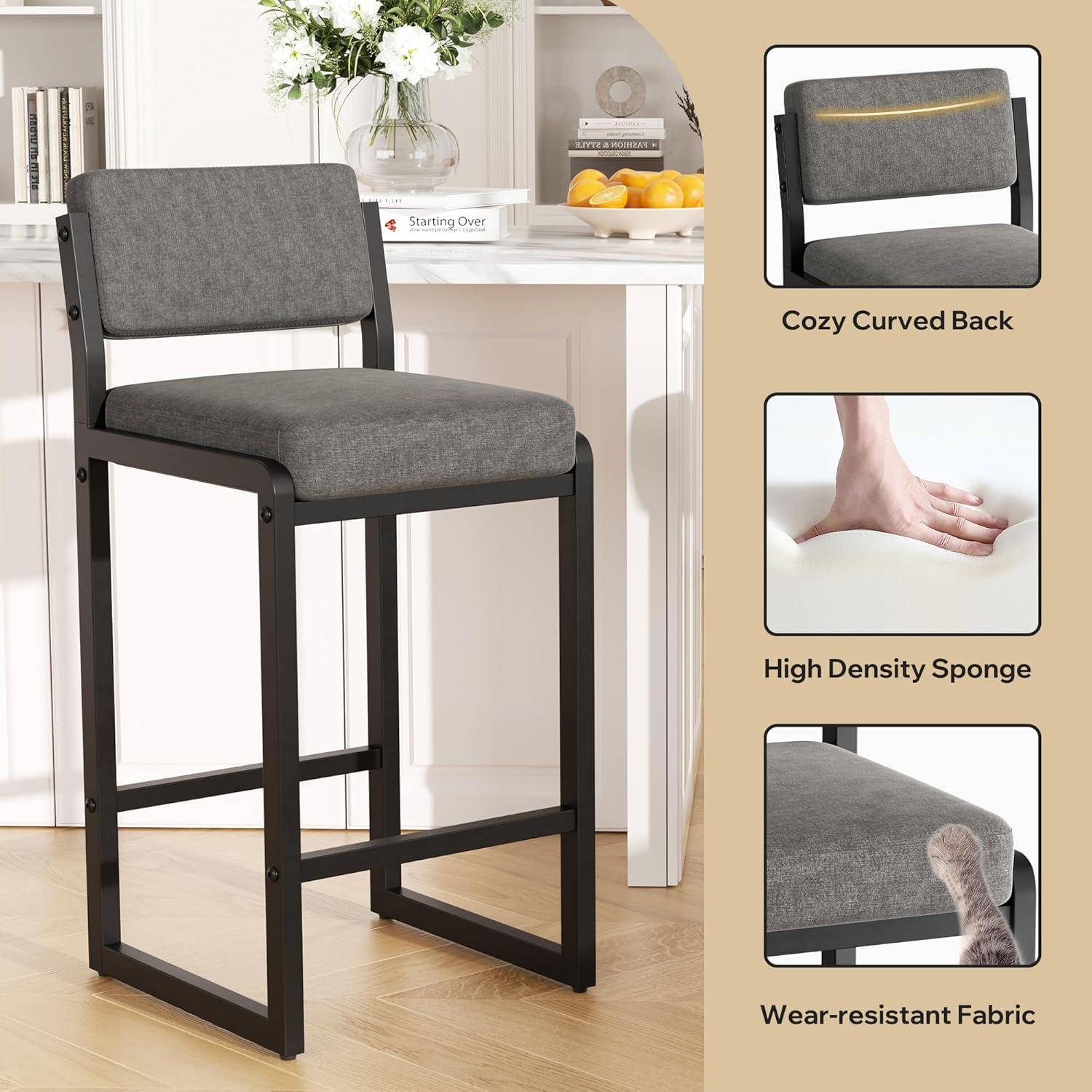 Bar Stools Set of 3, Fabric Counter Height Bar Stools with High Back and Metal Legs, Upholstered Bar Chairs, 26" Modern Barstools for Kitchen Island, Grey