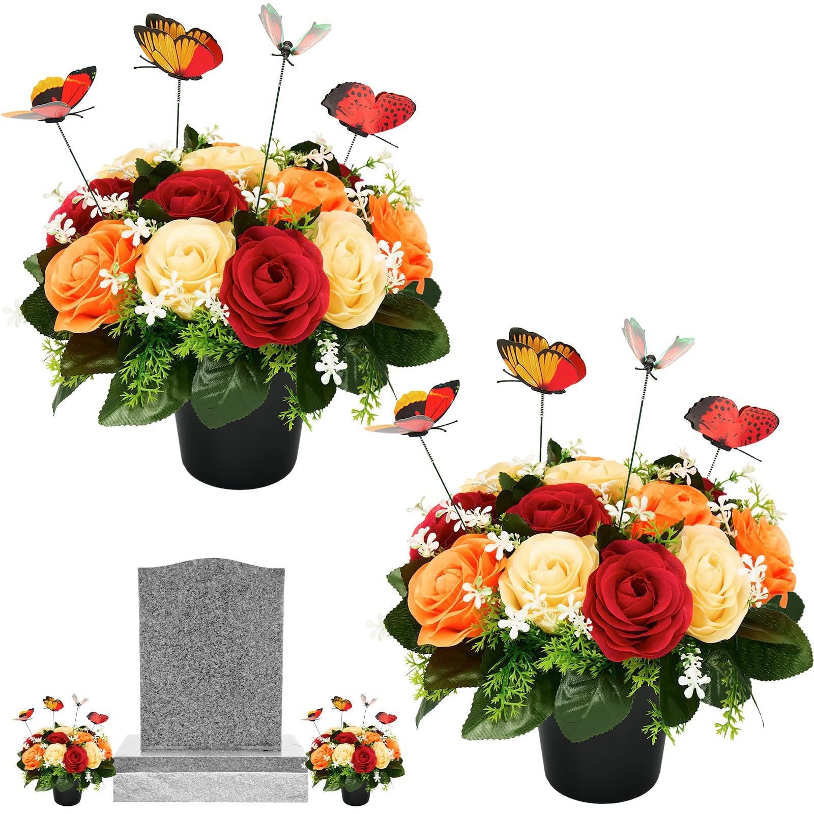 Artificial Grave Flowers Pots, Red Yellow Roses Cemetery Flower Pots with Butterfly Ornaments for Outdoor Decorations, Autumn Fake Funeral Memorial Bouquet in Pot for Garden, Graveside, Cemeteries
