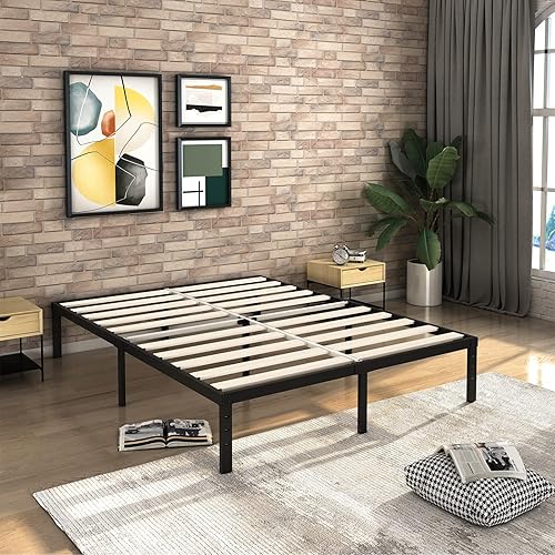 Queen Bed Frame No Box Spring Needed, Bed Frame with Solid Wood Slats, Auroral Zone Heavy Duty Metal Bed Frame with 12 Inches Vertical Storage, 2400LB Weight Capacity