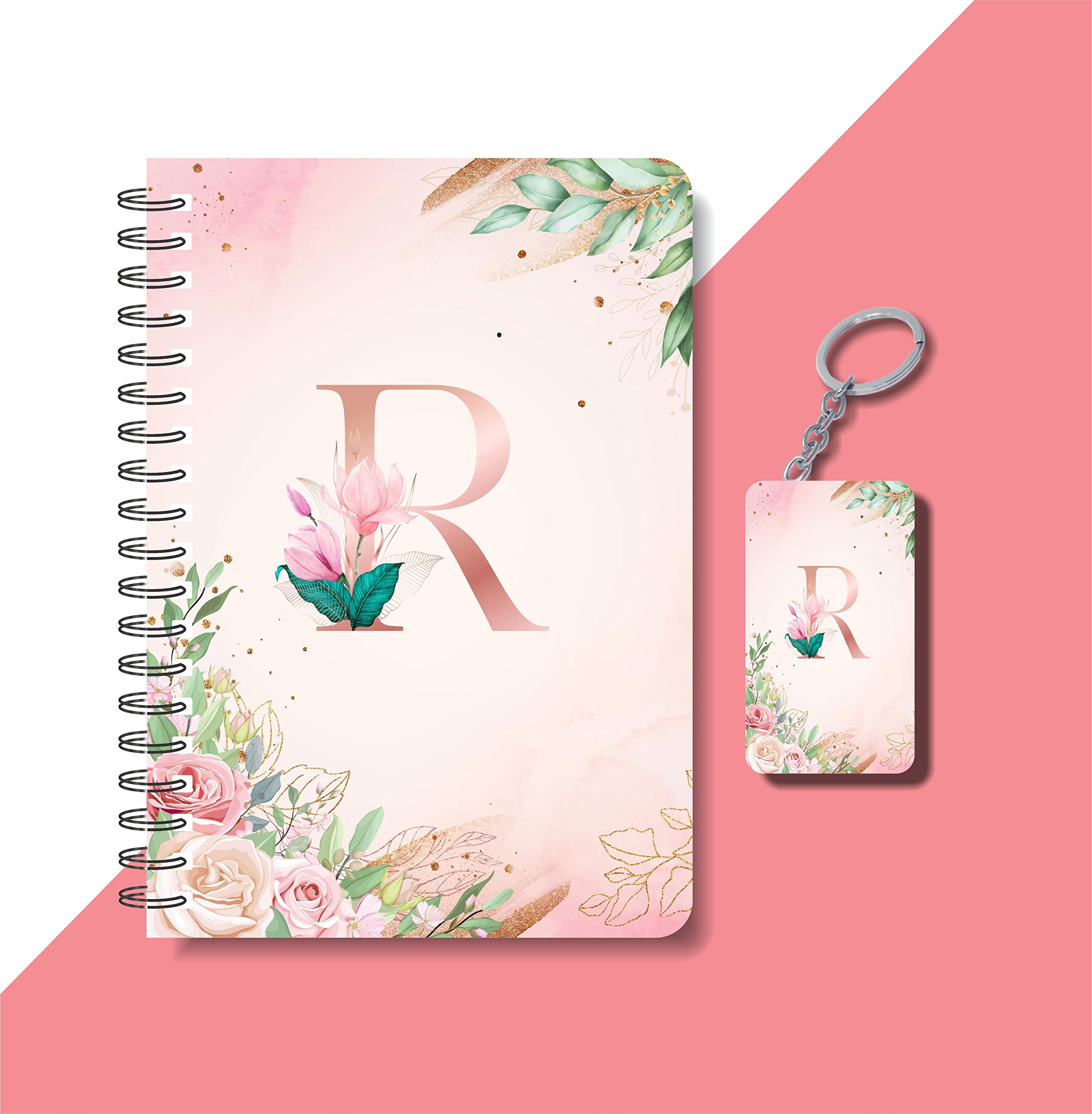 CRAFT MANIACS NEW BABY PINK INITIAL R PRINTED A5 160 RULED PAGES NOTEBOOK & FREE KEYCHAIN BEST GIFT FOR STATIONERY LOVERS