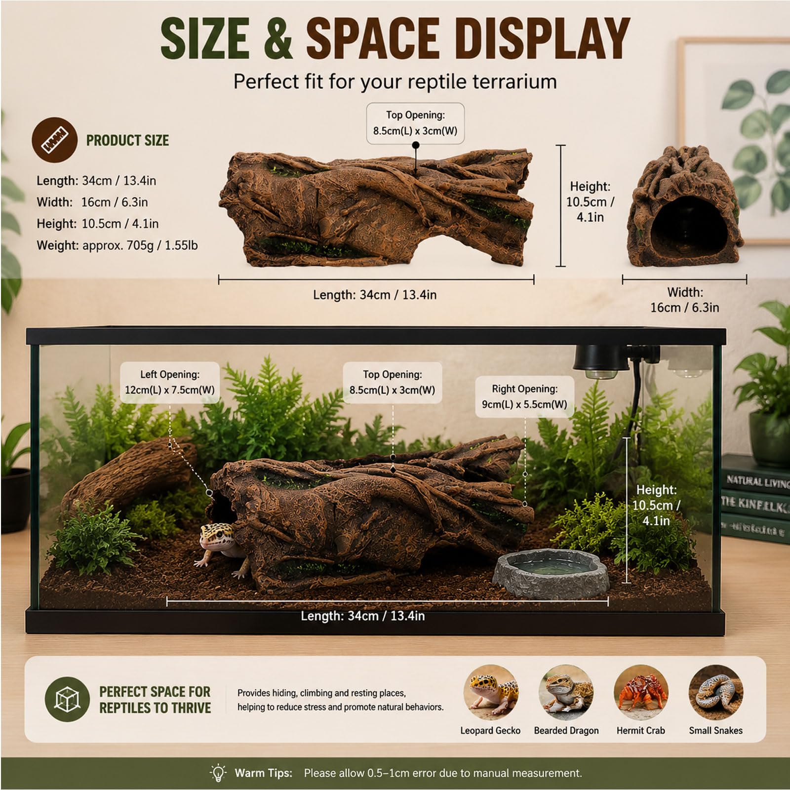 YLME Nascondiglio per rettili Caverna in Resina per rettili Nascondiglio | Decorazione naturale per terrario con texture realistica di albero per gechi, serpenti, lucertole, tartarughe e anfibi