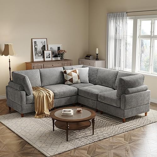 Modular Sectional Sofa,Convertible Corner Sectional Couches for Living Room,Corduroy V-Shape Deep Seats Sofa for Apartment,Dark Grey