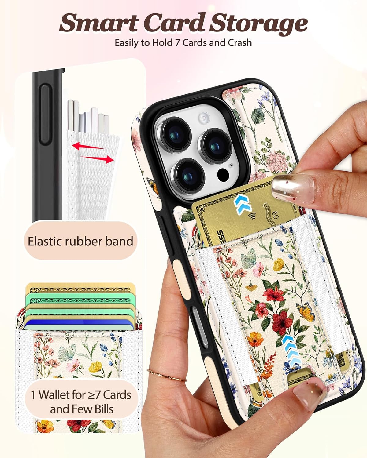 Shorogyt for iPhone 16 Pro Case Wallet - Fits 5 Cards, Compatible with Magsafe Detachable Magnetic Credit Card Holder Leather Cardholder Cute Phone Cover Women Girls for Apple 16Pro, Floral - Image 3