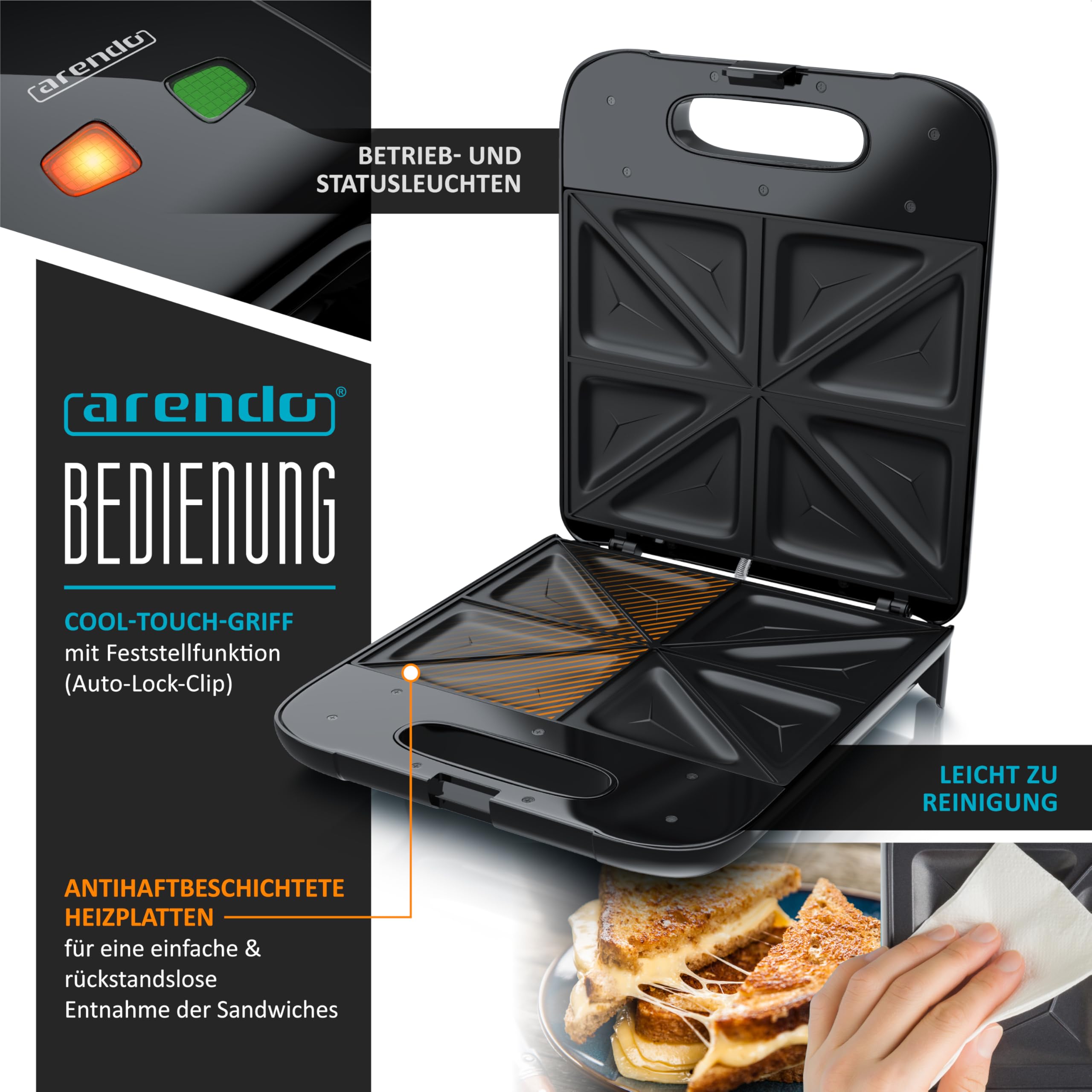 Arendo - Sandwichmaker XXL – für 4 Sandwiches – 1400 W – Sandwichtoaster mit Antihaftbeschichtung – Schnellaufheizung – automatische Temperaturregelung – integrierte Kabelaufwicklung – rutschfeste Füß