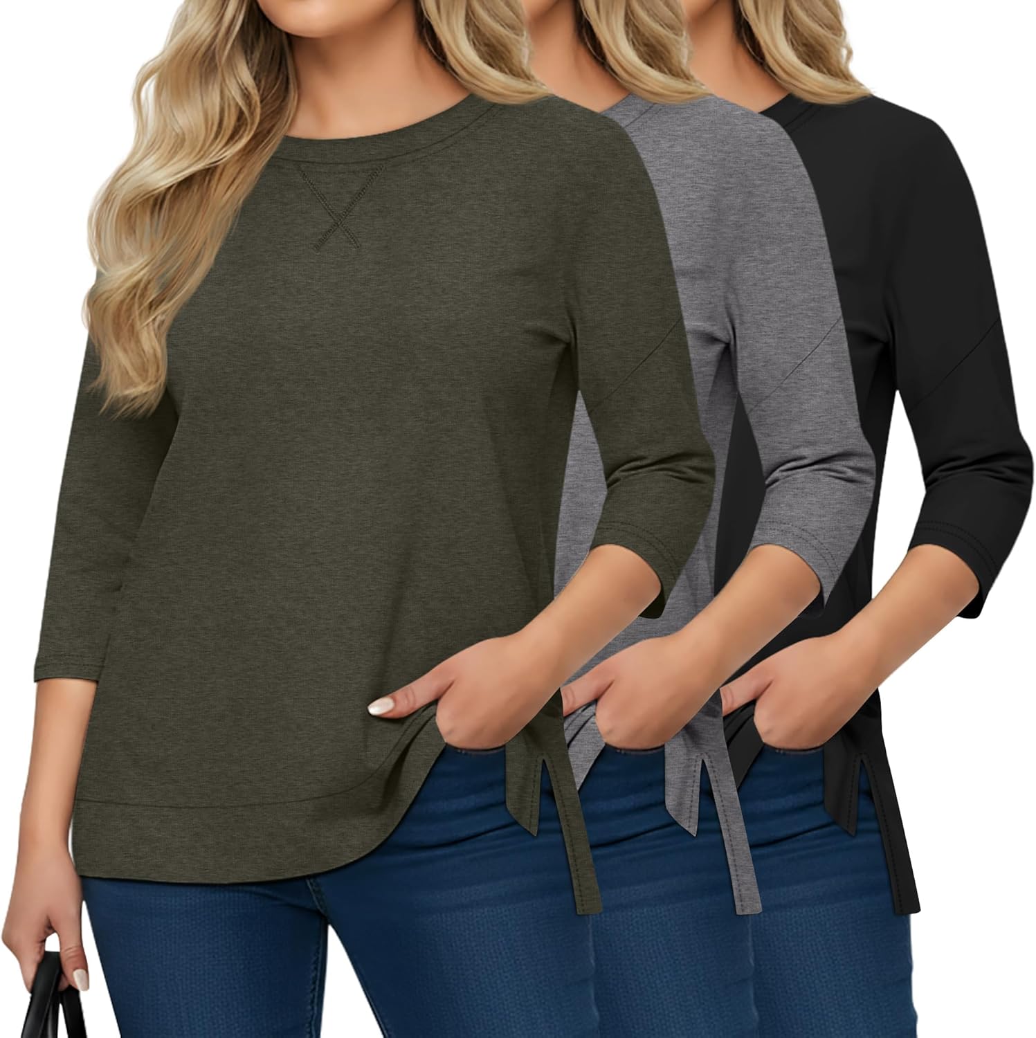 Evervibe 3 Pack Women's Plus Size 3/4 Sleeve Tops Side Slit Round Neck T-Shirt Loose Fit Casual Basic Tunic Tee
