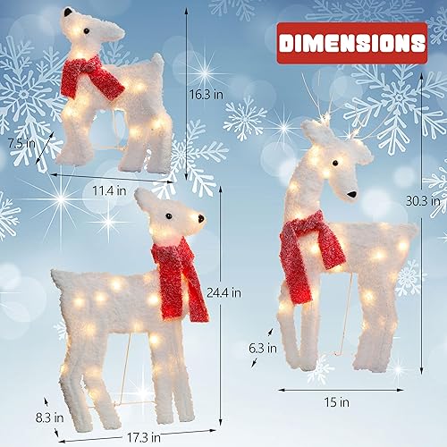 Miniatura 2 de Joliyoou Decoración navideña 2D para patio, juego de 3 renos preiluminados con 60 luces LED blancas cálidas para puerta delantera de Navidad,