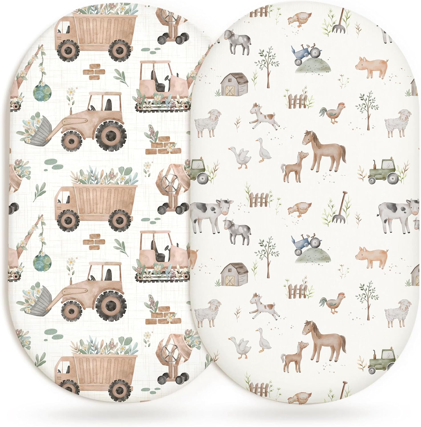 Bassinet Sheets for Baby Girls Boys 2 Pack, Fitted Baby Mattress Sheet for Rectangle, Oval, Hourglass Bassinet Mattress, Breathable Cozy & Universal Fit (Little Farm, Bassinet Sheet)