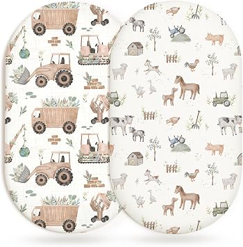 Bassinet Sheets, Fitted Baby Mattress Covers, 33" x 17", Little Farm