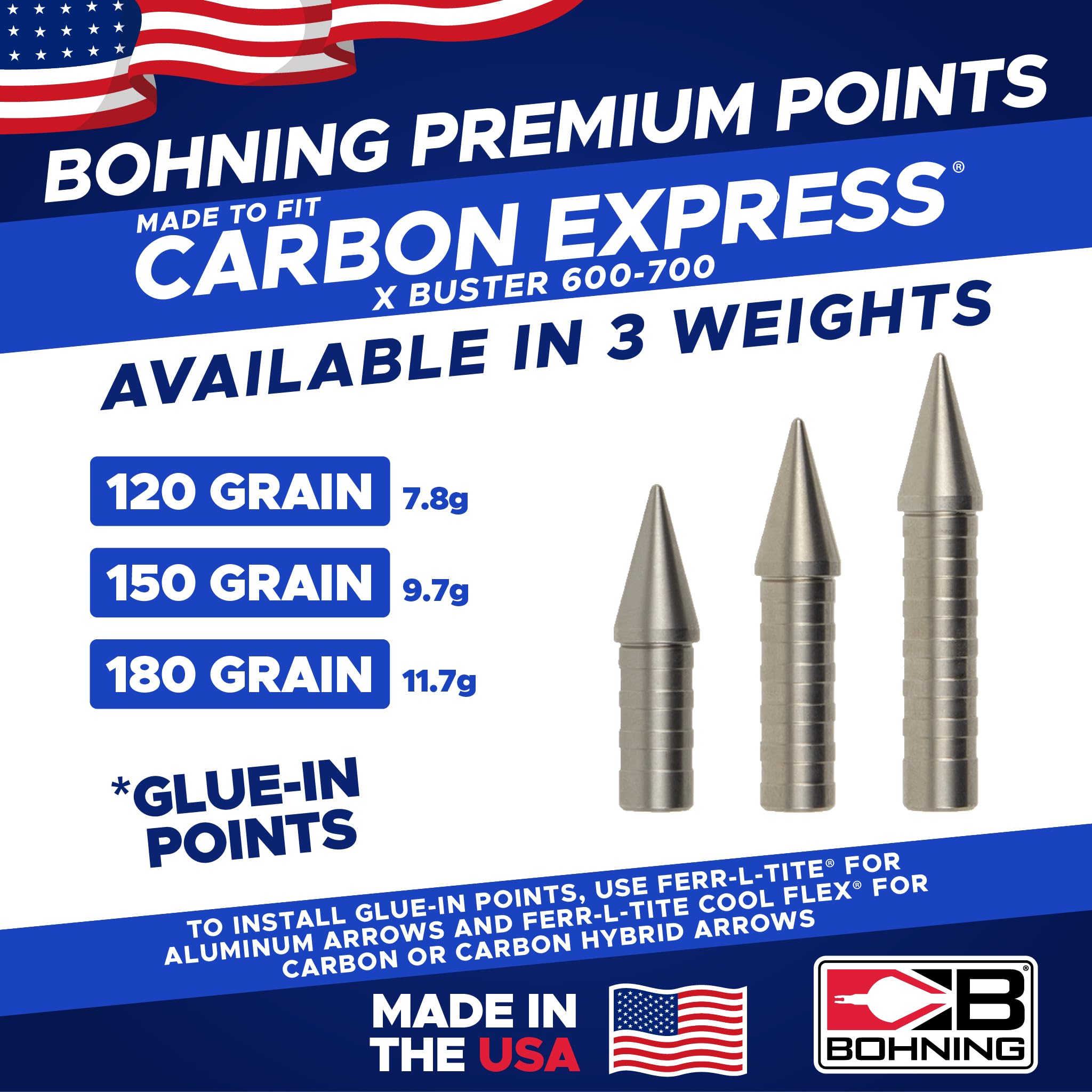 Bohning Match Grade Glue-in Points for Carbon Express® X Buster (600-700 Spine), 150 Grain, 12pk