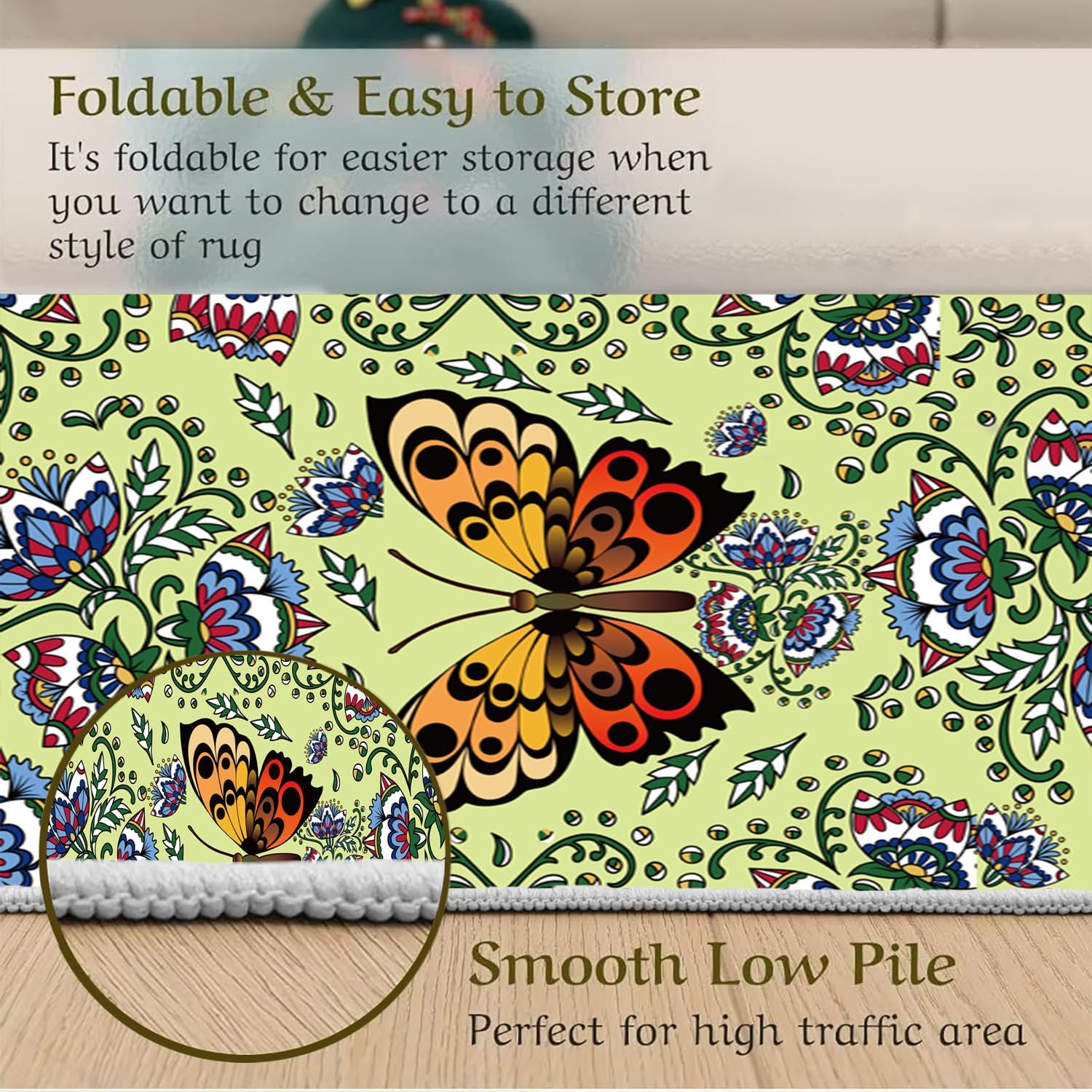 Non-Slip Hallway Runner Rug Boho Animal Print Butterfly with Flowers Green Vintage Design Washable Low Pile Rug for Bedroom Kitchen Entryway 2.7x8ft
