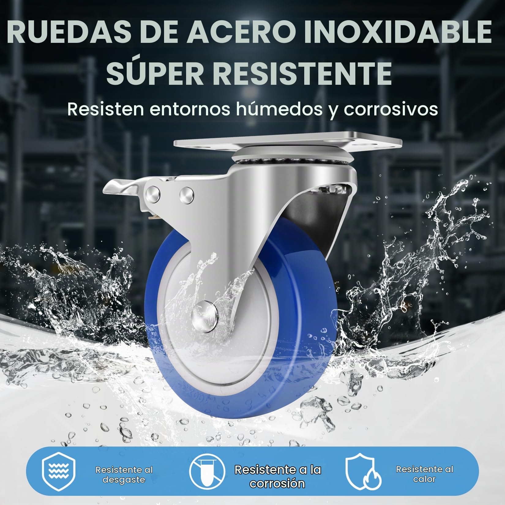 Acero Inoxidable de Alta Dureza Ruedas para Muebles Pesados, 100mm Ruedas Giratorias Pesadas Capacidad de 800kg, Ruedas Resistentes al Calor con Freno para Uso Industrial, Ambientes Húmedos