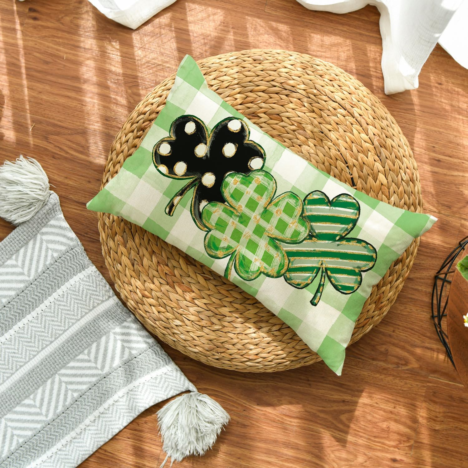 AVOIN colorlife St Patricks Day Clover Buffalo Plaid Throw Pillow Cover, 12 x 20 Inch Polka Dot Shamrock Cushion Case Decoration for Sofa Couch - Image 4
