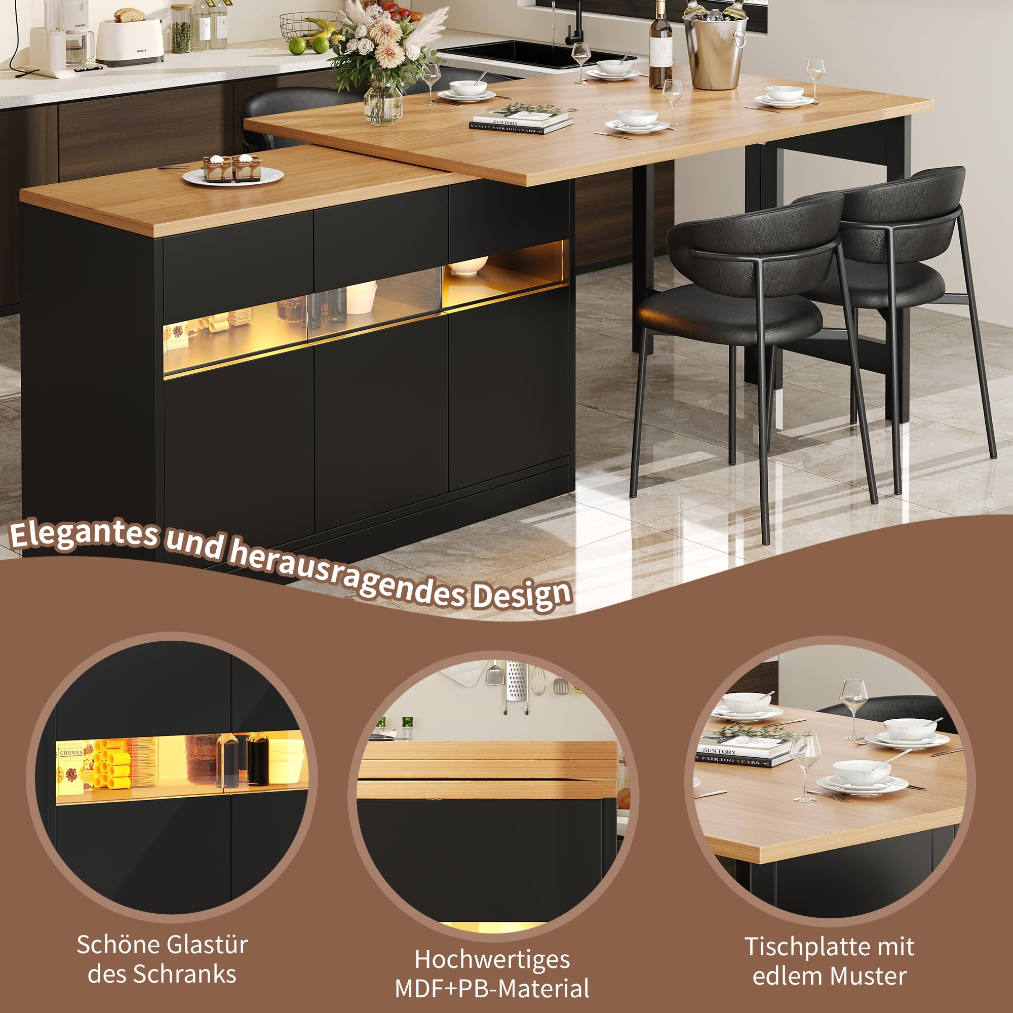 Kebnor Tavolo da bar allungabile con illuminazione a LED e rotazione a 360°, lunghezza regolabile 120-180 cm, moderno tavolo da cucina con spazio di archiviazione, per soggiorno, sala da pranzo