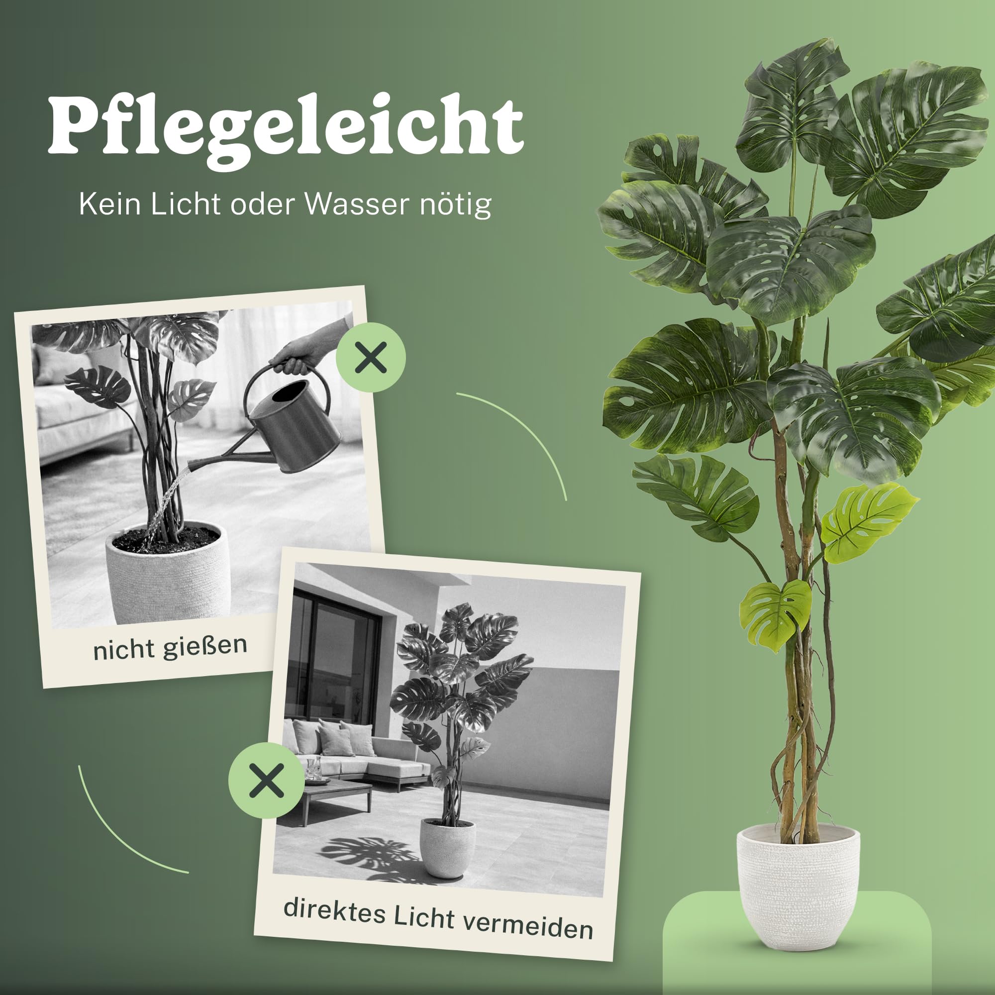 Maia Shop Monstera Künstlich 180 cm - Kunstpflanze wie Echt | Große Kunstpflanze mit Realistischen Blättern für Wohnzimmer Flur und Büro - Schwarzer Topf Inklusive