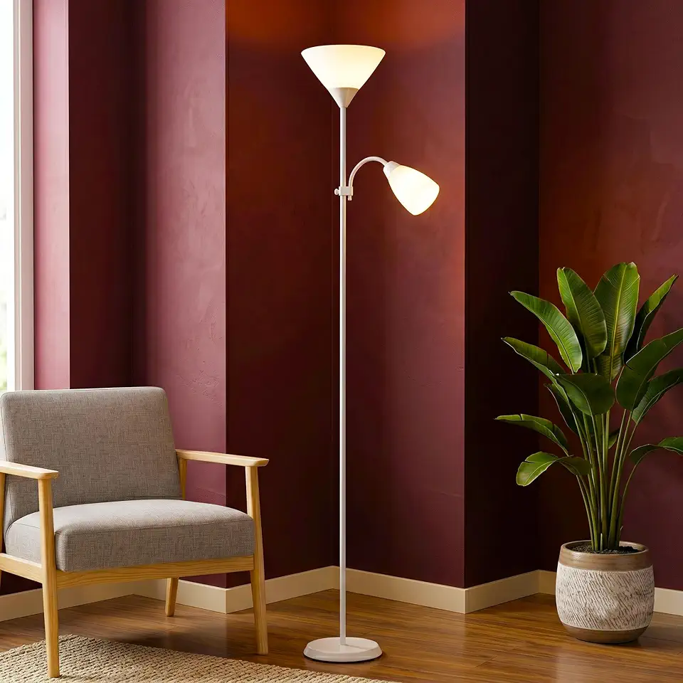 Luminária de Chão com Abajur Duplo Articulado para Leitura – Design Moderno, Base Metálica Estável, Soquete E27 Bivolt – Ideal para Quarto, Sala e Escritório (BRANCO)