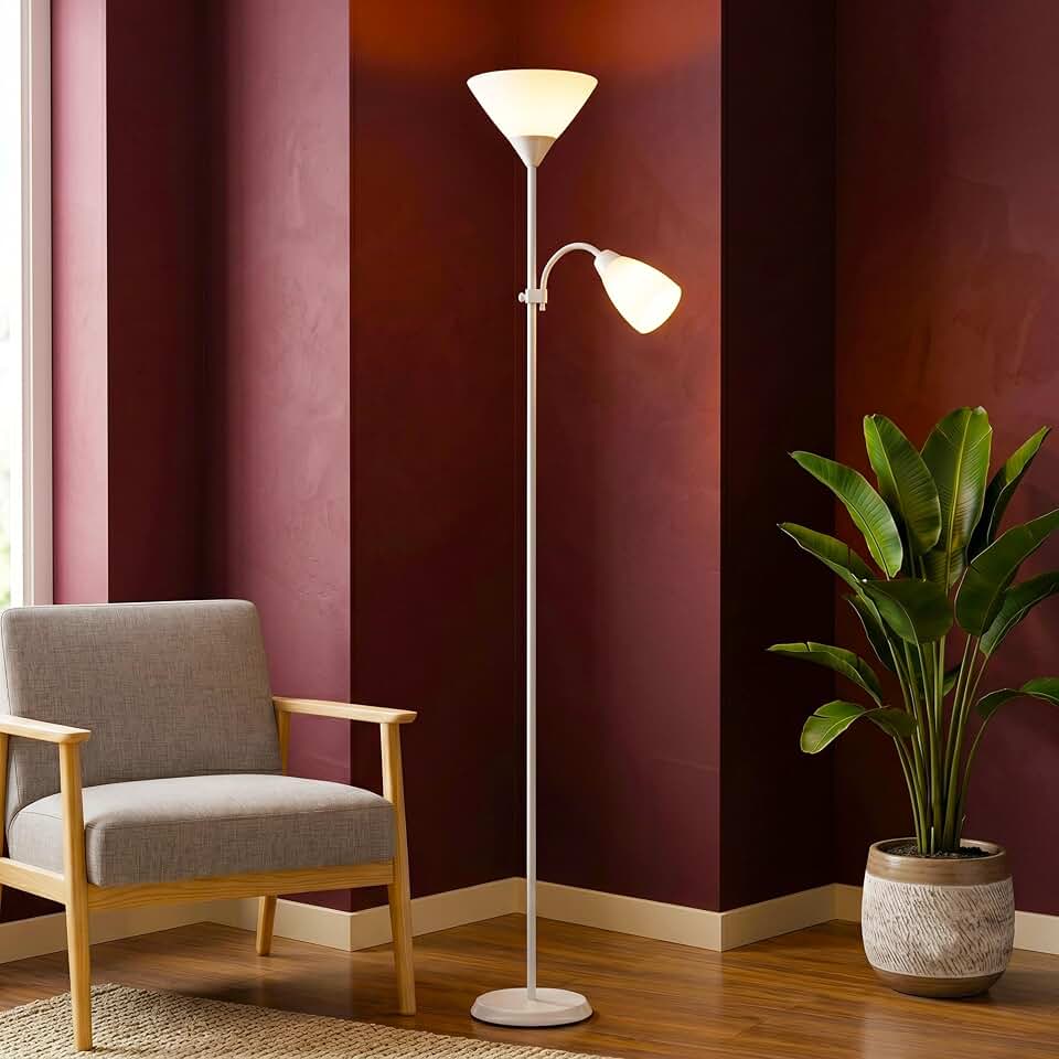 Luminária de Chão com Abajur Duplo Articulado para Leitura – Design Moderno, Base Metálica Estável, Soquete E27 Bivolt – Ideal para Quarto, Sala e Escritório (BRANCO)