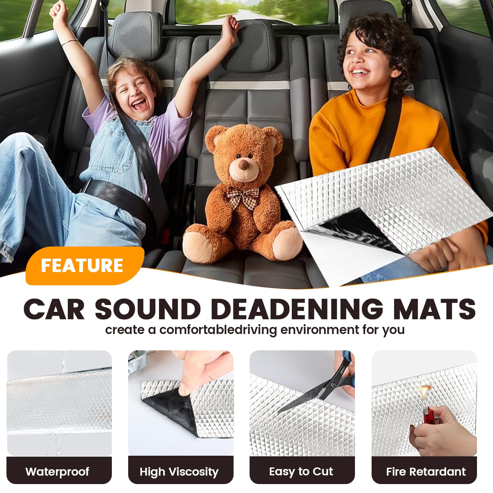 10 tappetini fonoassorbenti per auto, 450 x 250 x 2 mm, autoadesivi, fonoassorbenti, in schiuma, ignifughi, resistenti all'umidità, impermeabili