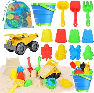 Beach Toys, 14Pcs Sand Toys with Construction Vehicle and Collapsible Beach Bucket, Animal Sand Mold Sets, Watering Can,Shovel Set with Mesh Bag,Summer Outdoor Play Travel Sandbox Gift for Boys Girls