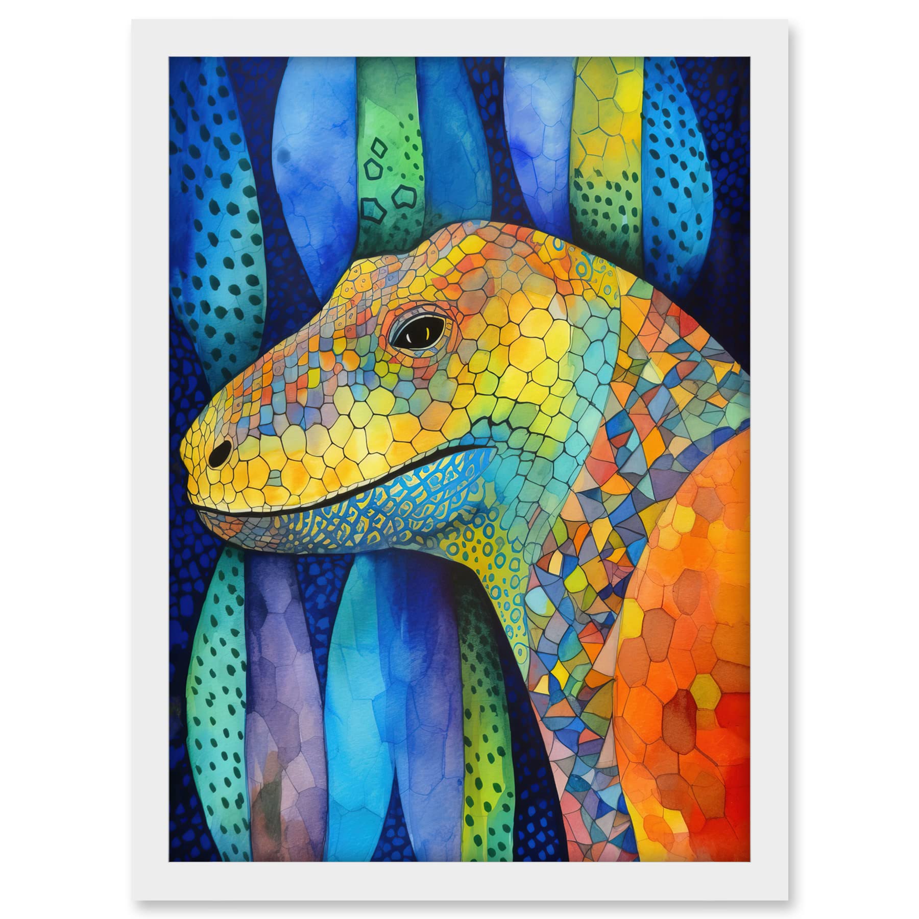 Artery8 Komodo Dragon Vibrant Folk Art Watercolour Painting Artwork Framed A3 Wall Art Print