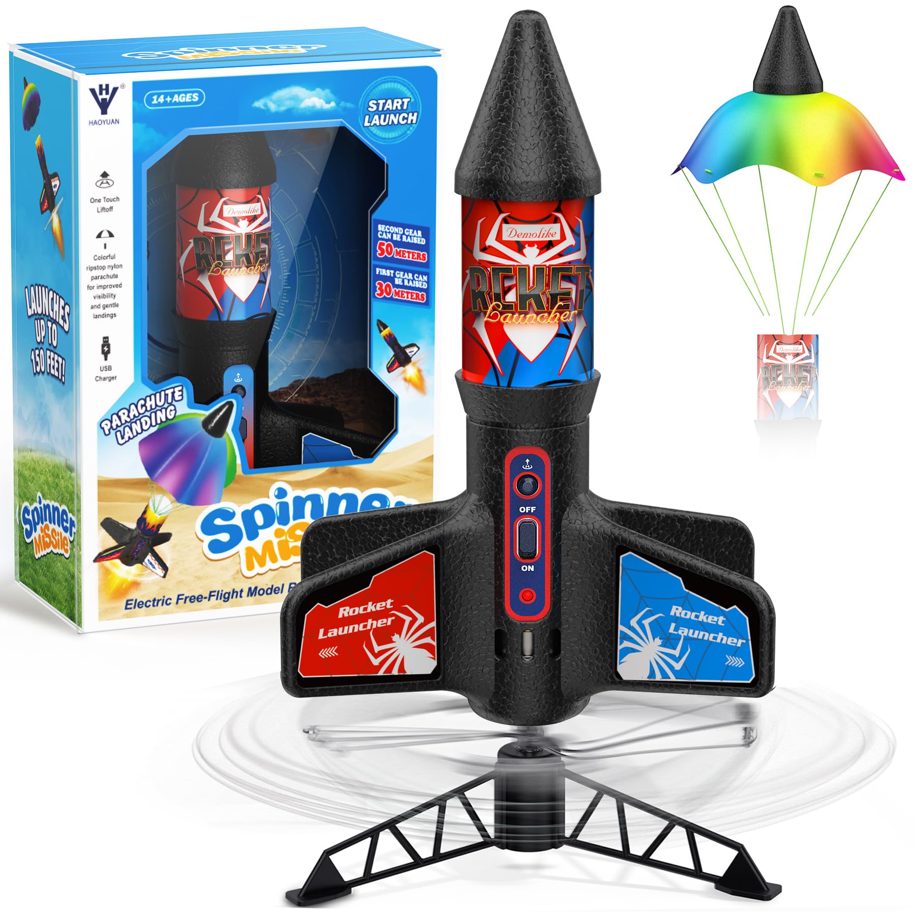Rocket Launcher for Kids Automatic Launch 200 Feet Air Rocket Toy for Boy 10 Years Old Motorized Air Rocket with Safety Parachute and LED Outdoor Rocket Kits Toys Gifts for Kids Age 5-12