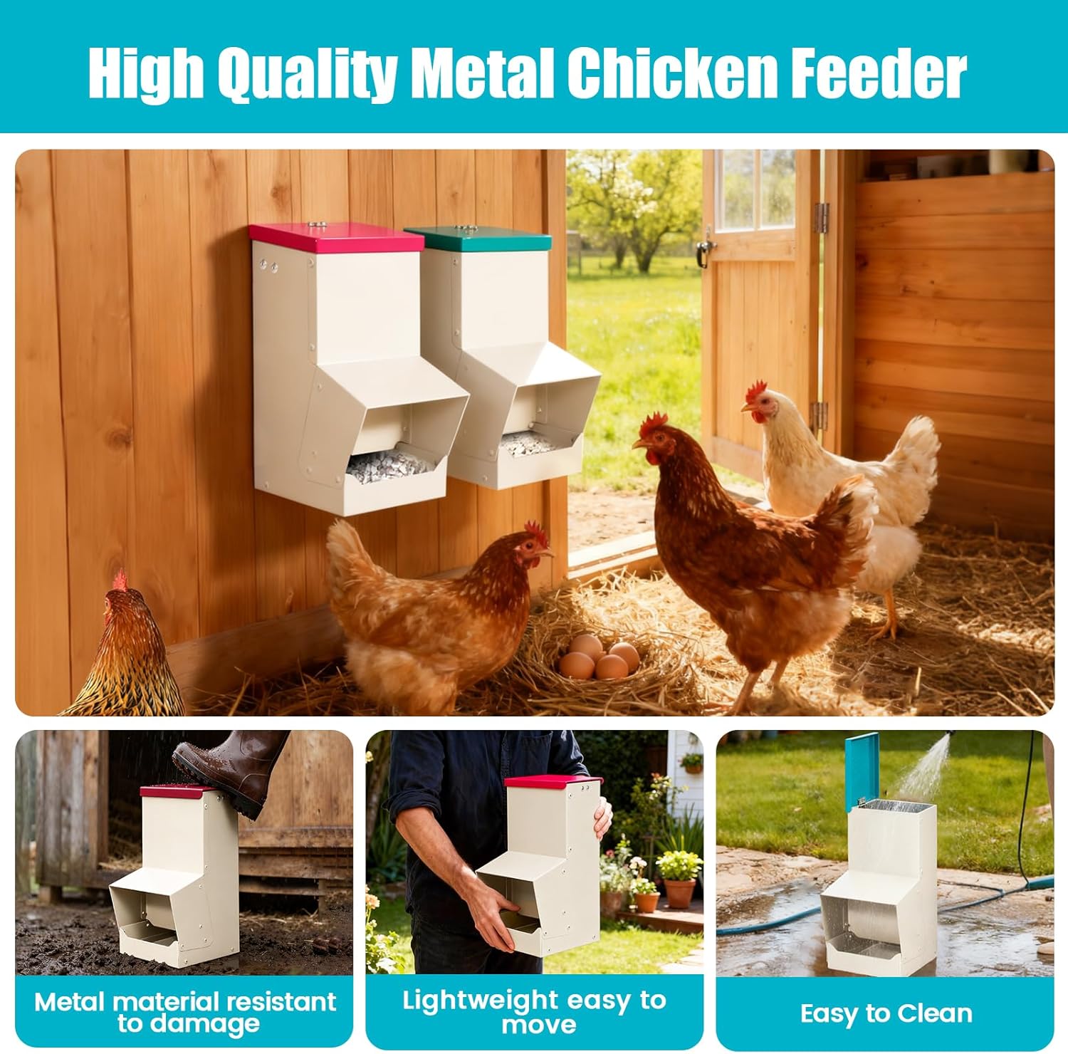 10L Metal Automatic Chicken Feeder Hanging Gravity Poultry Feeders Trough with Lid Chicken Grit and Oyster Shell Feeder Combo Chicken Coop Accessories Supplies for Strong Eggs Poultry