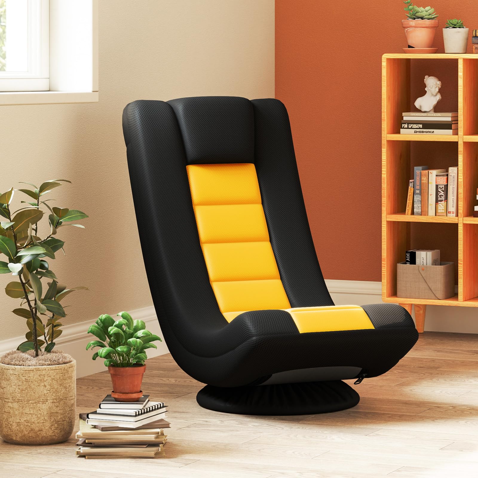 COSTWAY Fauteuil Gaming, Fauteuil de Sol Pliable, Chaise Gaming Pivotant à 360° avec Dossier Réglable, Canapé de Sol, Cadre en Métal Robuste, pour Adultes, Adolescentes, Enfants (Jaune)