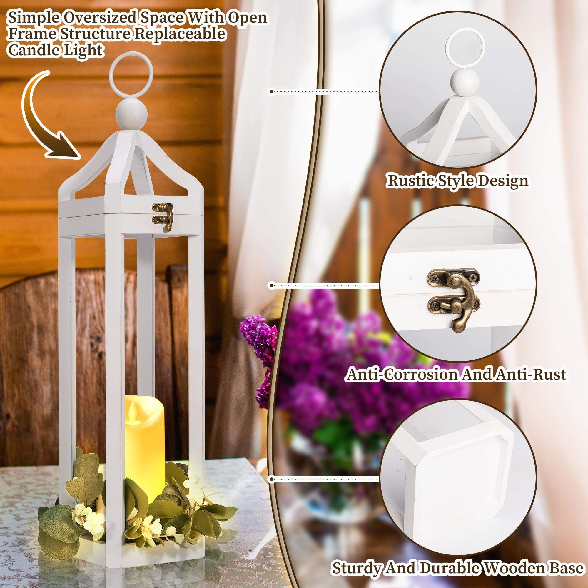 Set Di 2 Lanterne In Legno Vintage Con Luci LED – Decorazione Da Interno/esterno Alte 76 Cm – Perfette Per Camino E Centrotavola