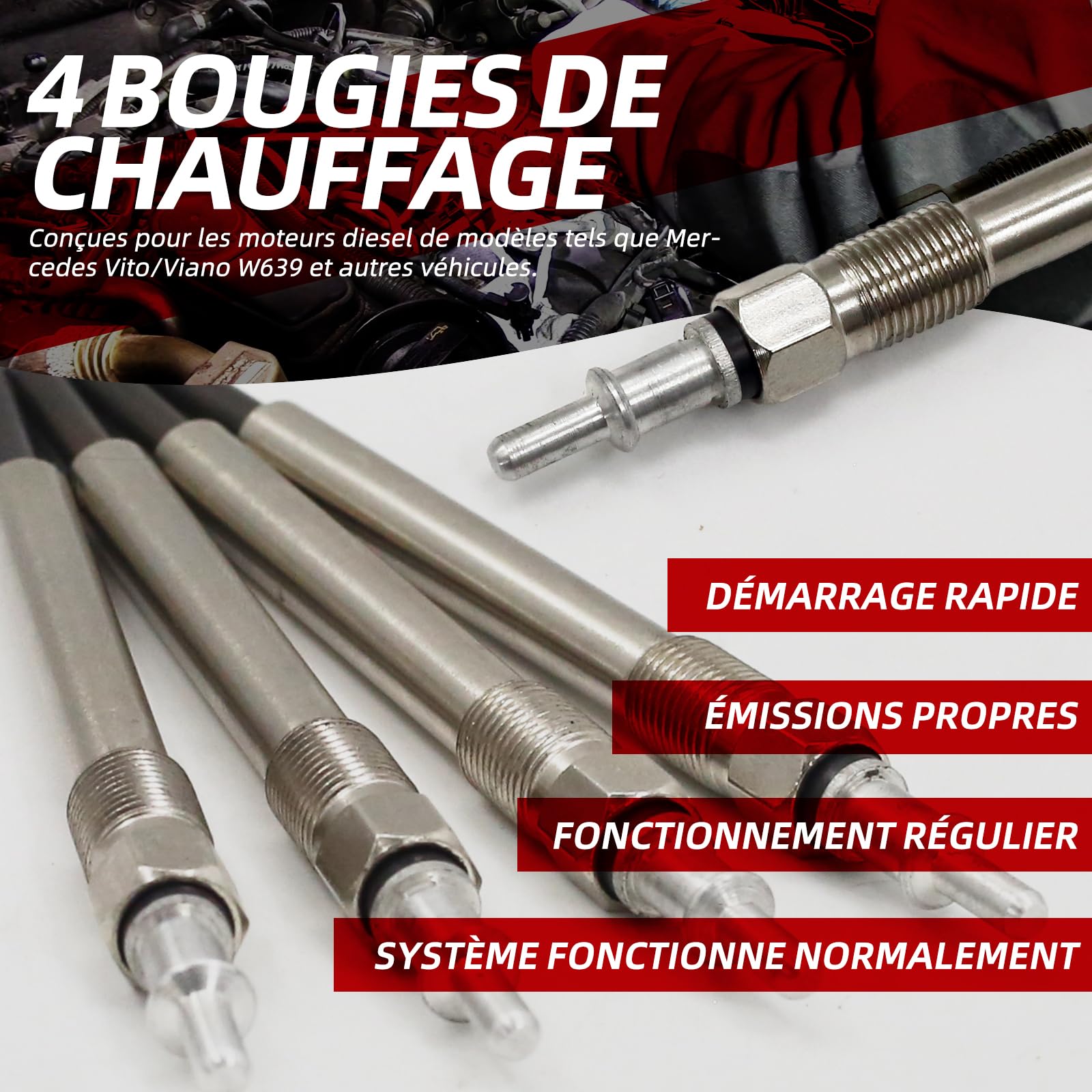 Lot de 4 bougies de préchauffage pour Mercedes-Benz Vito et Viano (W639) - 11,5 V - Filetage M10 x 1 - Numéro de pièce : 0250202142 (W639)