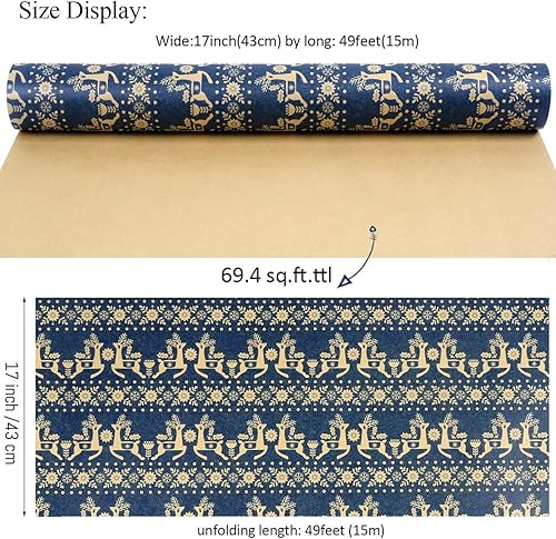Miniatura 2 de Rollo de papel de regalo de Navidad, papel de estraza azul marino, 17 pulgadas x 49 pies, copo de nieve, diseño floral de Navidad y reno, papel de