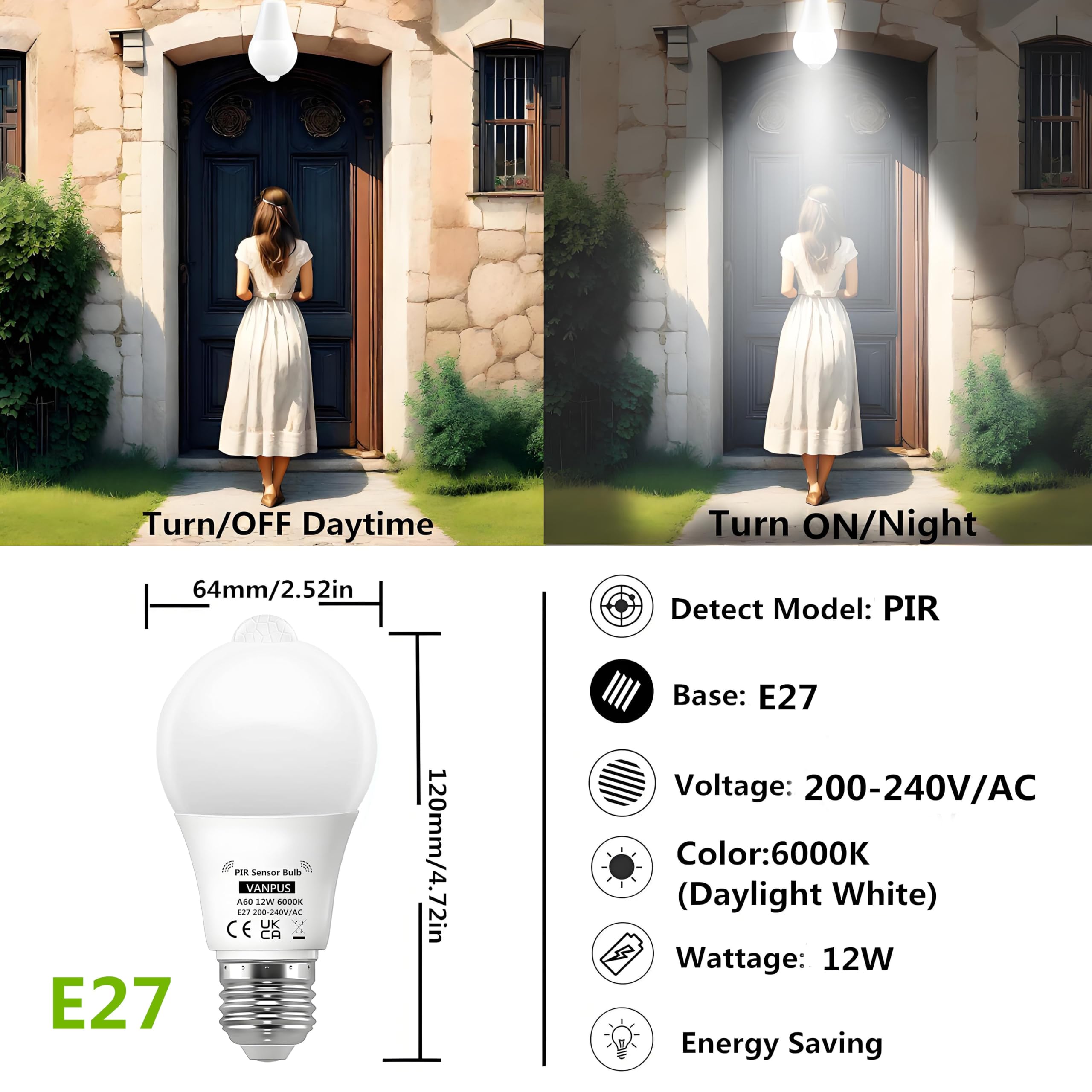 PIR-Bewegungsmelder LED-Glühbirne – 12W Tageslichtweiß 6000K, Automatische Lichtsteuerung, Dämmerungssensor, Energieeffizient (2er-Pack)