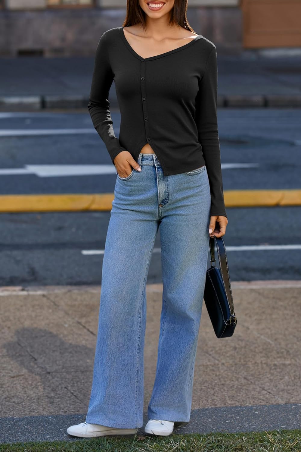 Yousify Long Sleeve Shirts for Women 2025 Fall V Neck Button Up Long Sleeve Ribbed Knit Slim Fit Going Out Tops