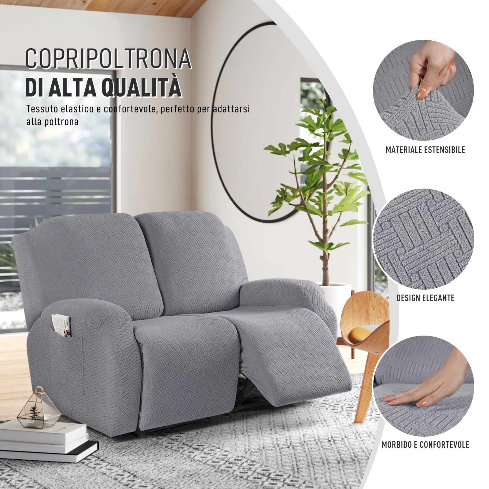 KinCam Copridivano 2 Posti Con Braccioli, Copripoltrona Reclinabile Elasticizzato, Copridivani Antiscivolo Tasca Laterale copri poltrona per Animali telo copridivano Grigio chiaro