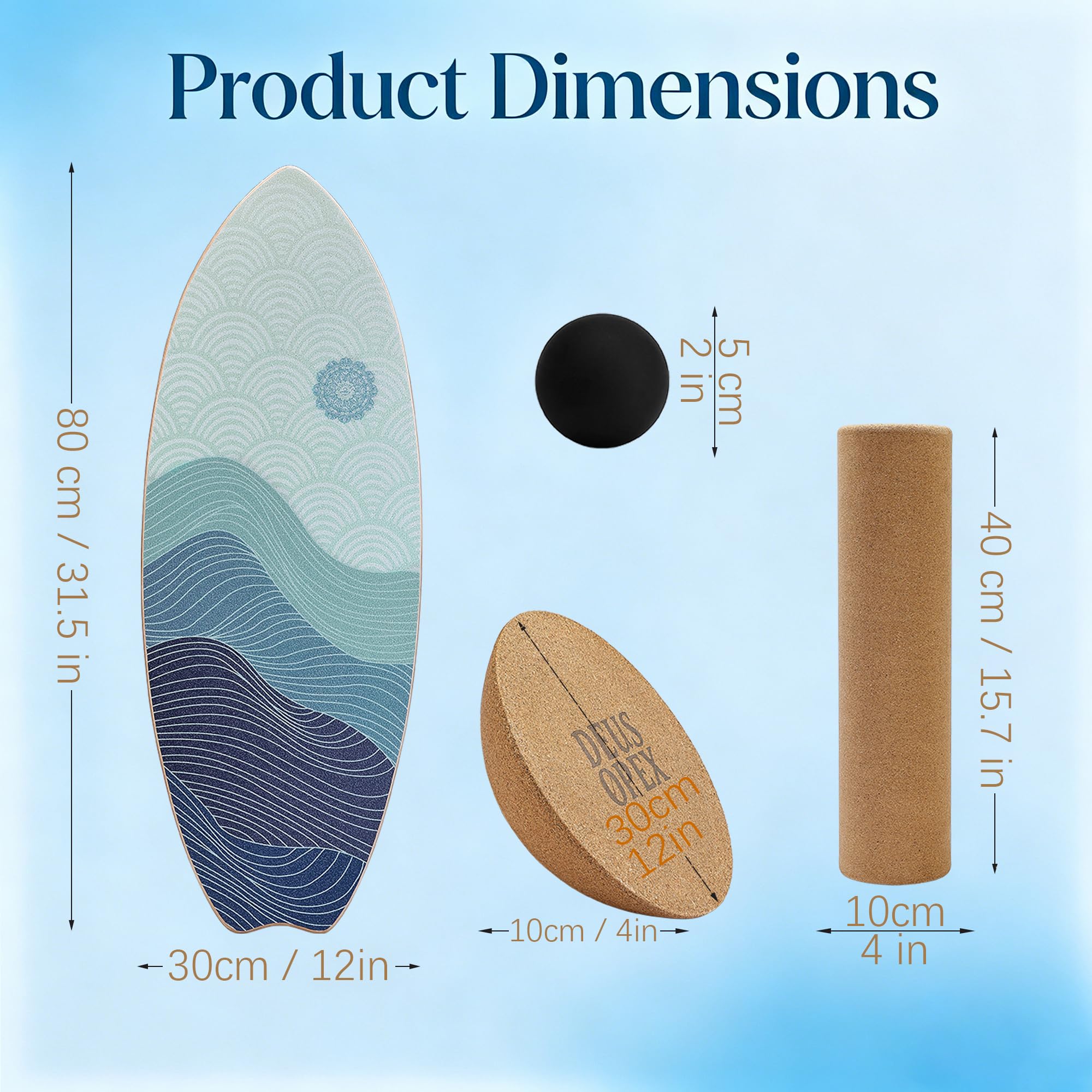 Kit d'entraînement d'équilibre - Planche de surf en bois, demi-sphère en liège, rouleau de massage, balle - Fitness tous niveaux, renforcement musculaire et récupération, surf et patinage en intérieur