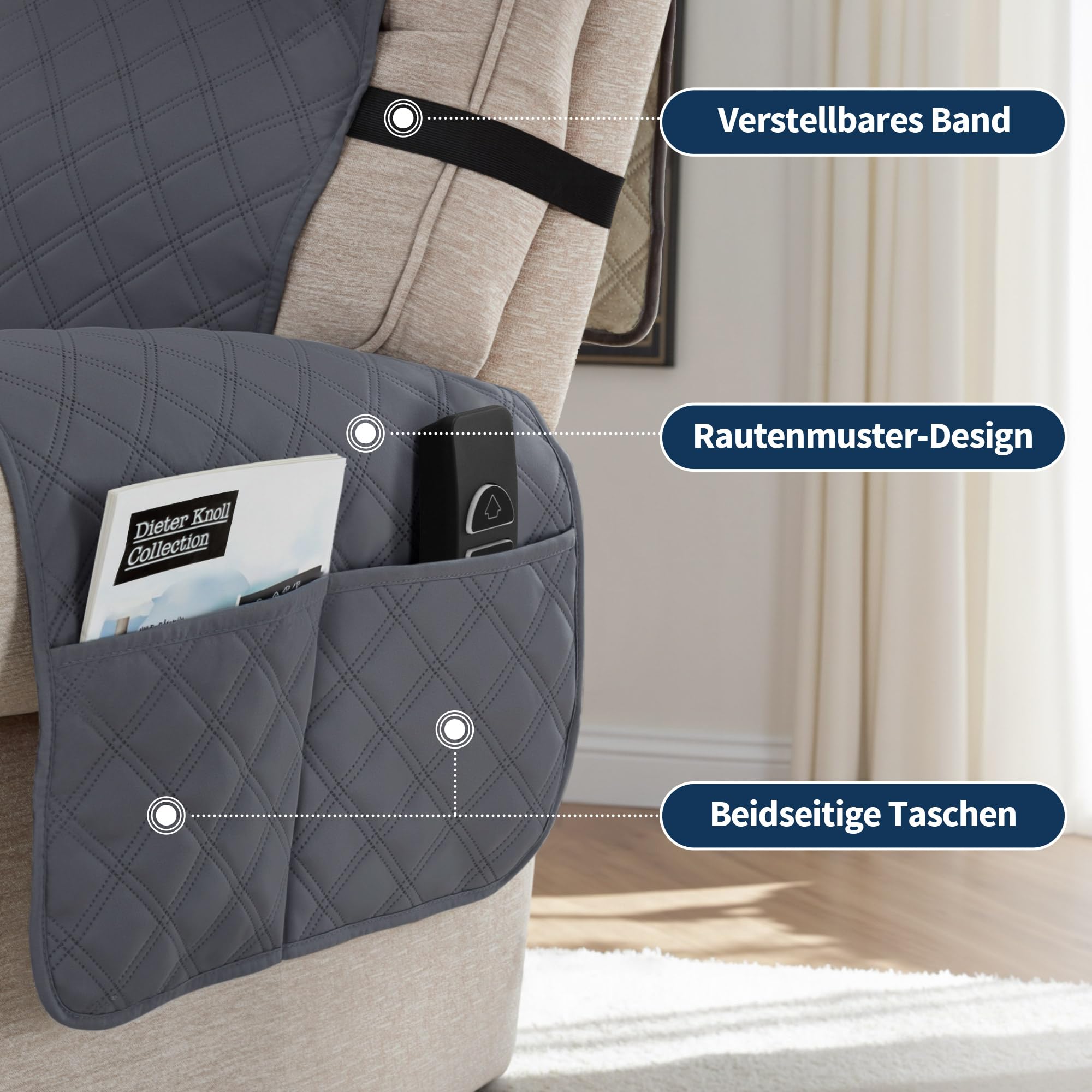 M MCombo 2 Sitzer Sesselschoner für Relaxsessel, Wasserdicht & Anti-Rutsch Sesselbezug mit Armlehne & Taschen, Kratzfester Sofabezug für Fernsehsessel 7009 7705 7719, 1833M1 (2-Sitzer)