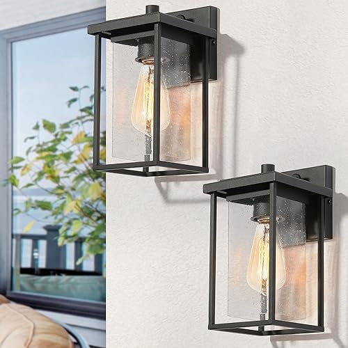 Paquete de 2 lámparas de pared negras para exteriores, rectangulares para exteriores, montaje en pared con pantalla de vidrio semillado, juego de 2,