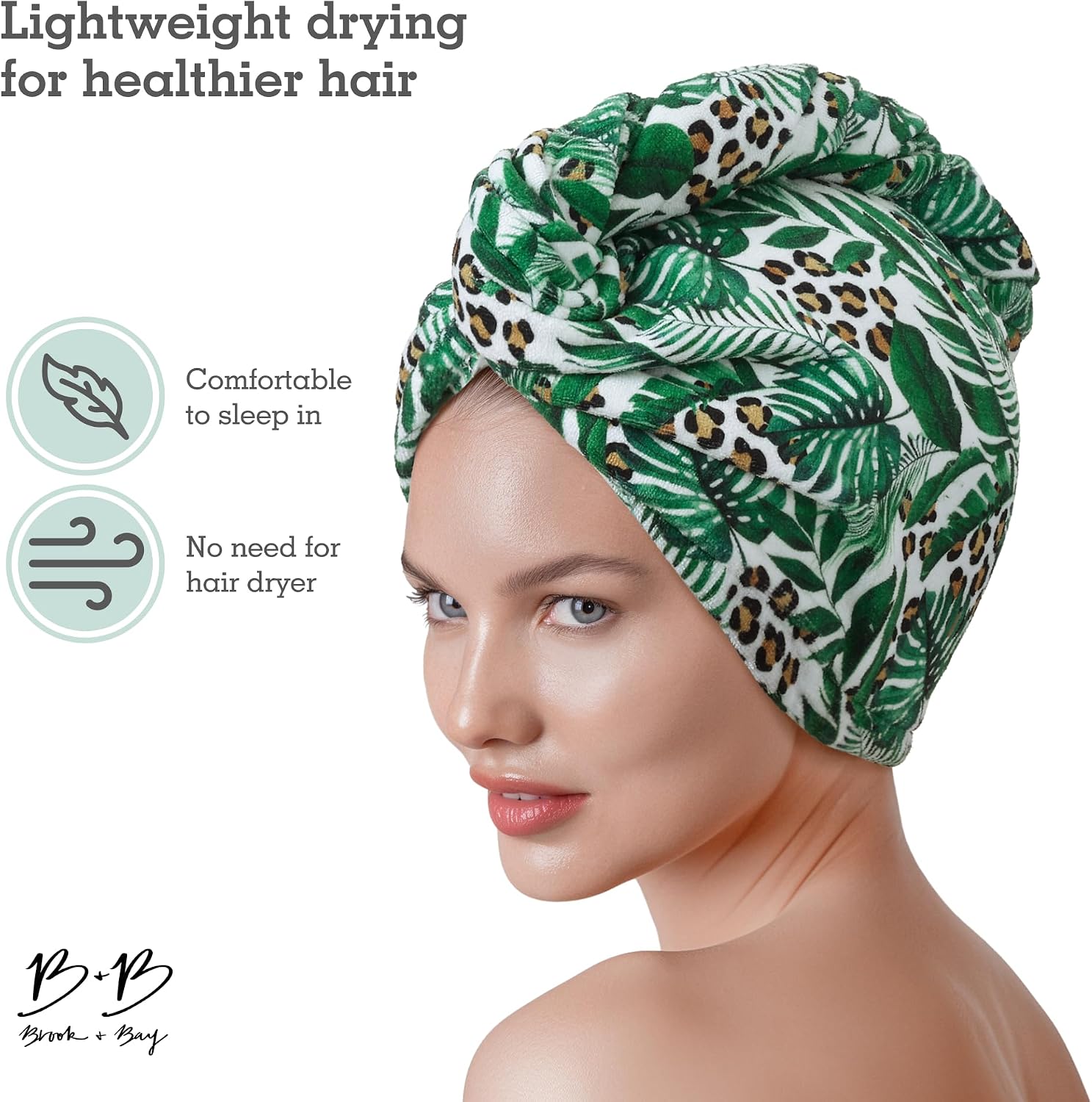 Brook + Bay Microfiber Hair Towel Wrap - Quick Dry Microfiber Towel for Hair - Anti-Frizz Plopping Turban - Machine Washable - Tropical