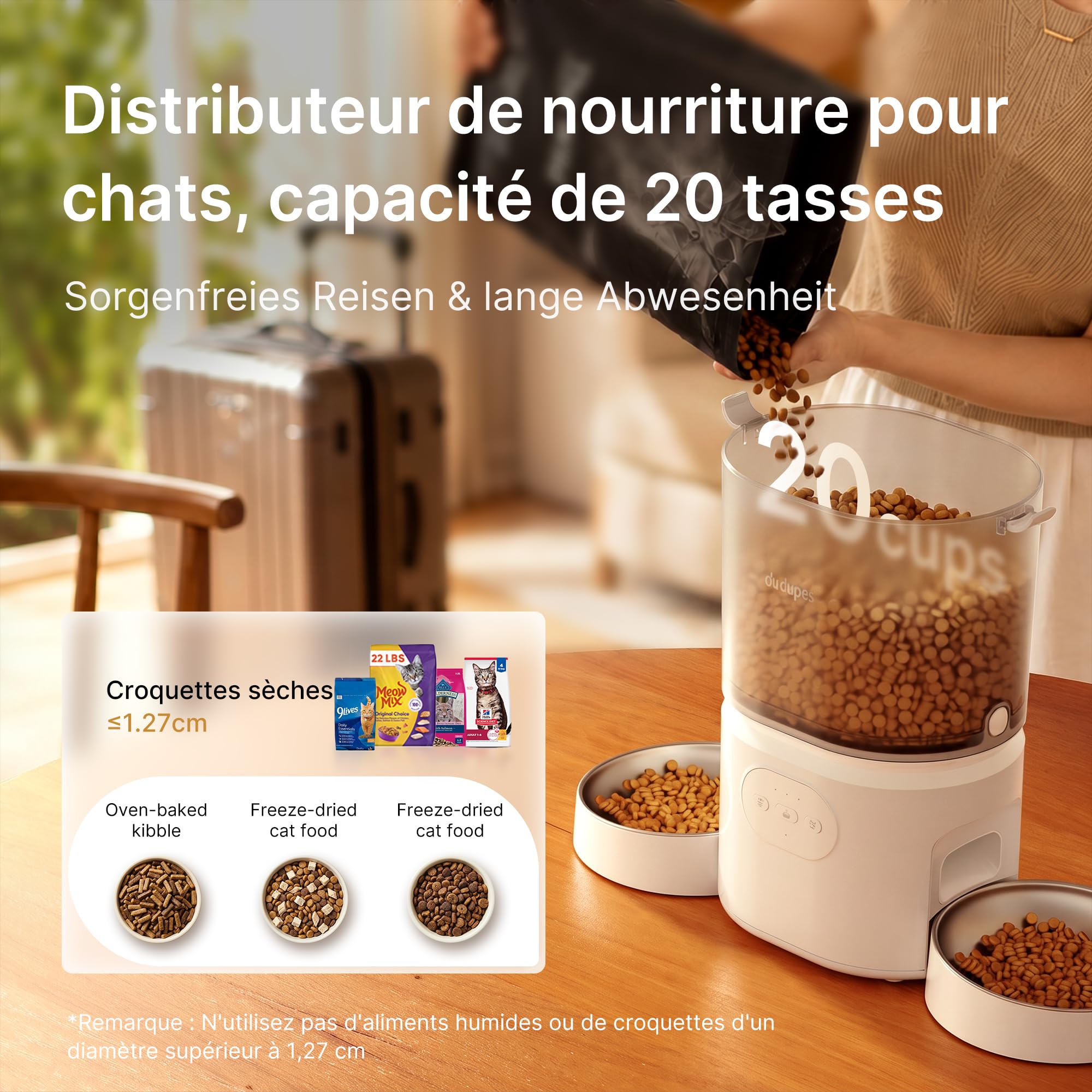 Distributeur Croquettes Chat Automatique avec 2 Bols - WiFi 5G | Contrôle par App, 5L avec Minuterie Programmable pour Maisons à Chats Multiples et Chiens, Enregistrement Vocal de 10s