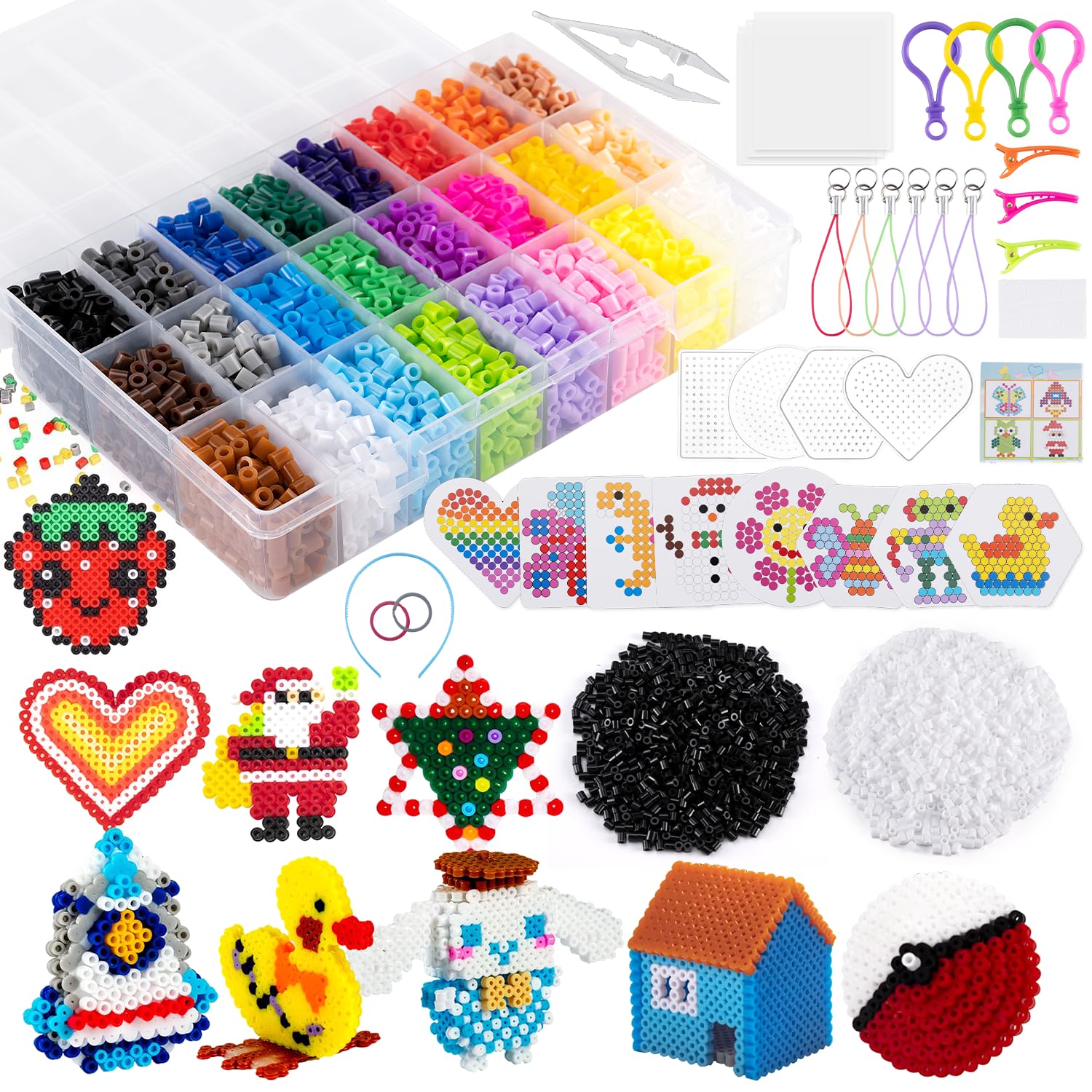 Perline da Stirare 6300 Piastre per Perline da Stirare da 5mm Perline a Fusione 24 Colori con Carta Stiro, Stirare Pegboard e Accessori Artigianali Fai Set Creativo Natalizio Fai da Te per Bambini