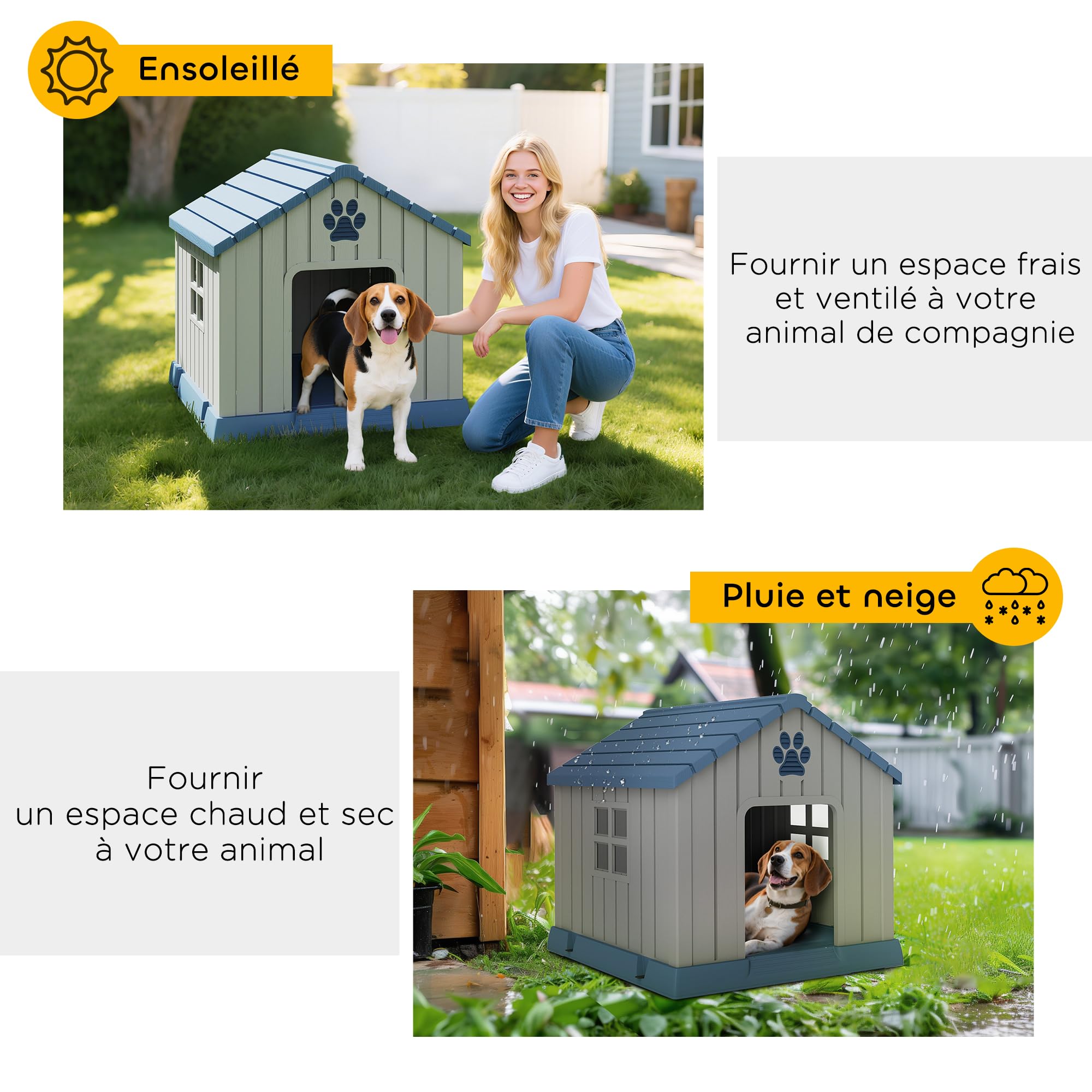PawHut Niche pour Chien extérieur en polypropylène imperméable, ventilé, Ultra Facile à Assembler, Maison Chien extérieur, Plancher surélevée et bouches d'aération, Jardin, terrasse, intérieur, Gris