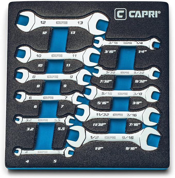 Capri Tools Slim Mini Open End Wrench Set with Mechanic's Tray, Metric