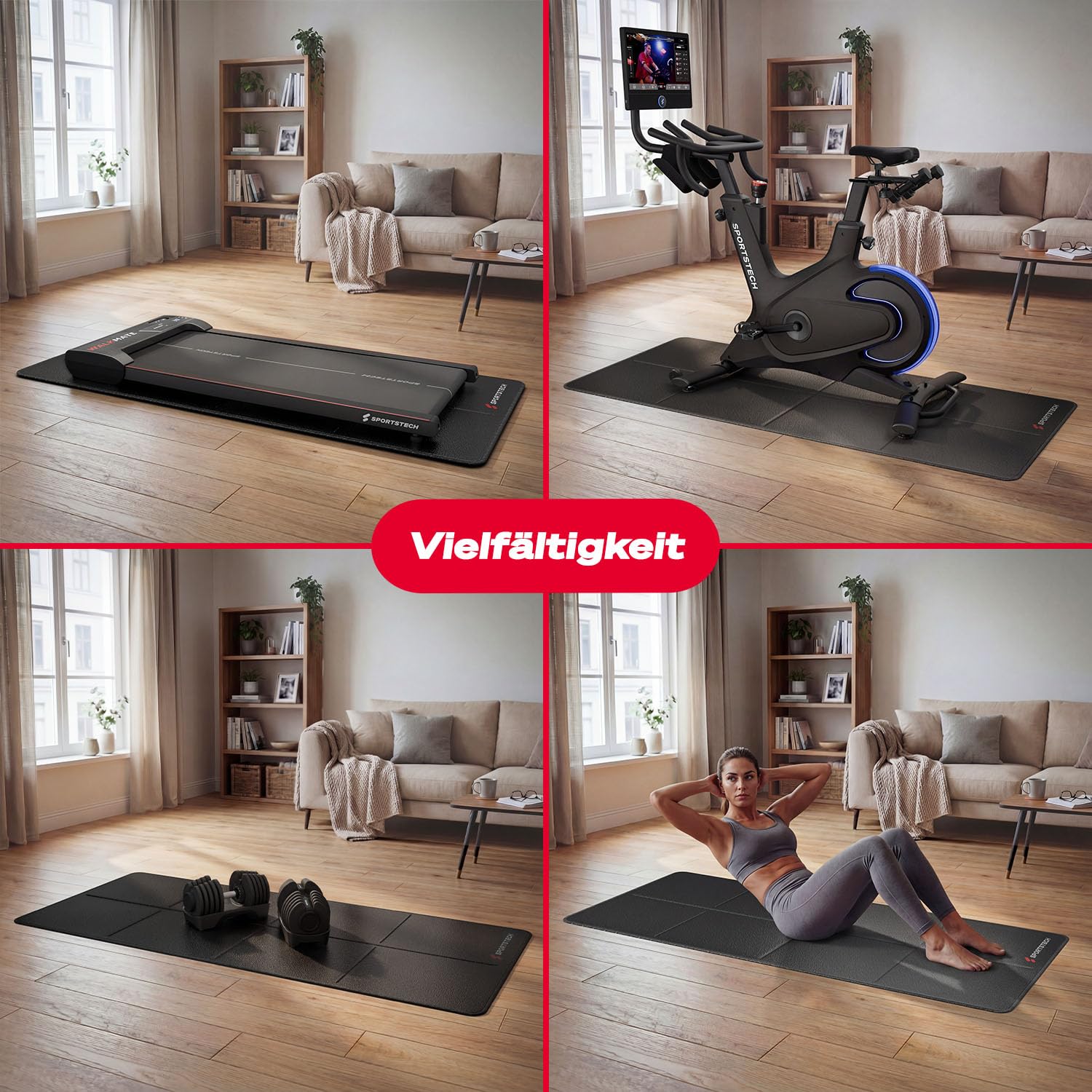 Sportstech Faltbare Bodenschutzmatte für Walking Pad – Wasserabweisend, Geräuscharm und Platzsparend – 160×74 cm, 6mm Dicke, BS300 Sportmatte, Ideal für Fitnessgeräte, Heimtrainer & Home Gym