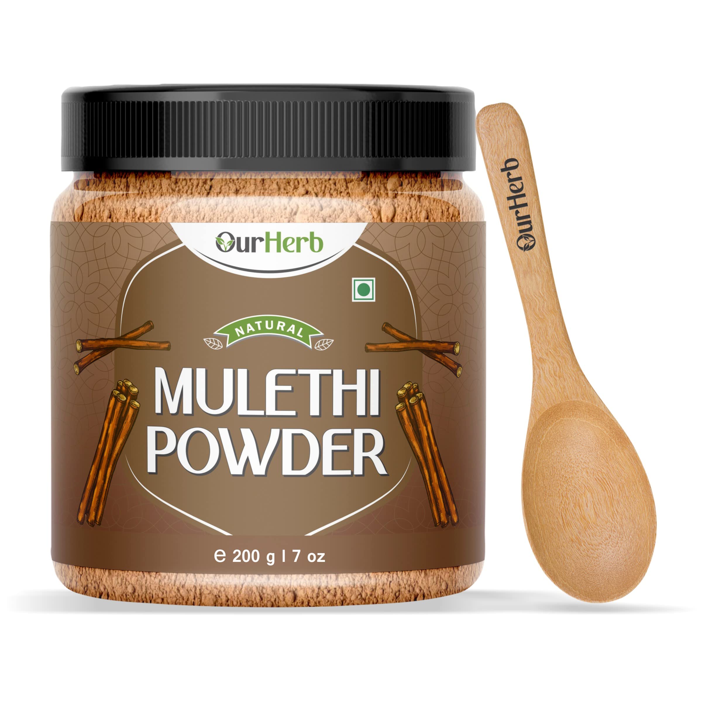 OurHerb® Organic Mulethi Powder| Liquorice | Yashimadhu | Glycyrrhiza glabra | For Skin, Hair with Natural Pigmentation Face Pack | with Wooden Spoon - 200g | 7 Oz