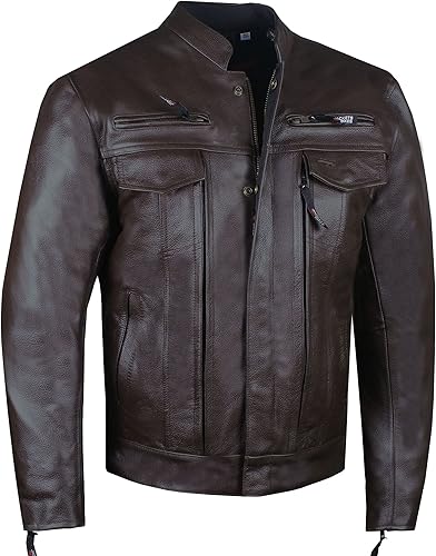 Chaqueta Commuter Premium de cuero de búfalo natural para hombre, con bolsillos para pistola de transporte ocultos, color marrón, talla M