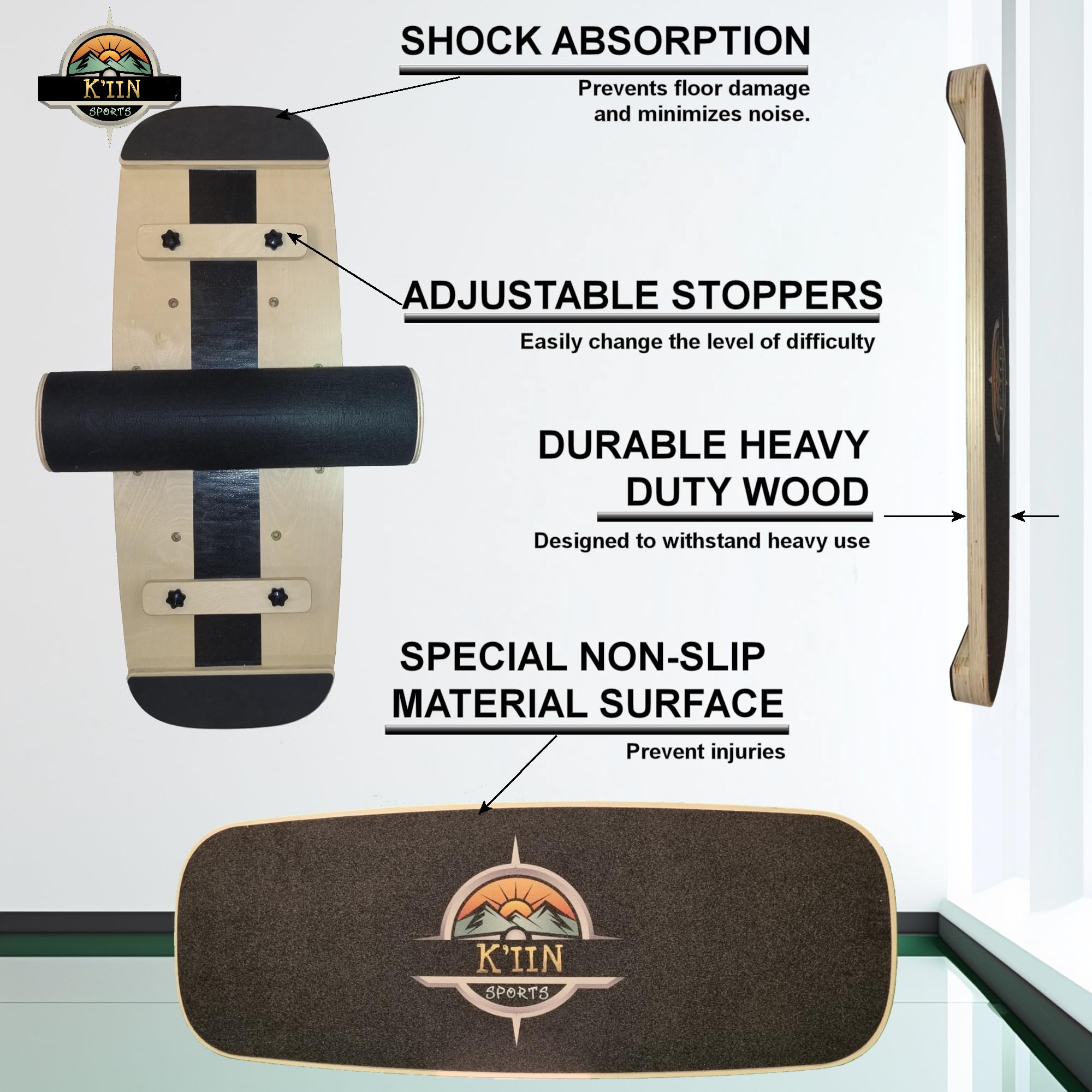 Balance Board Trainer mit verstellbaren Stoppern – Kernübung und Stabilitätstraining – Trainingsgerät für Kinder und Erwachsene – Balance-Board aus Holz für Therapie, Surfen, Skate, Yoga und Fitness