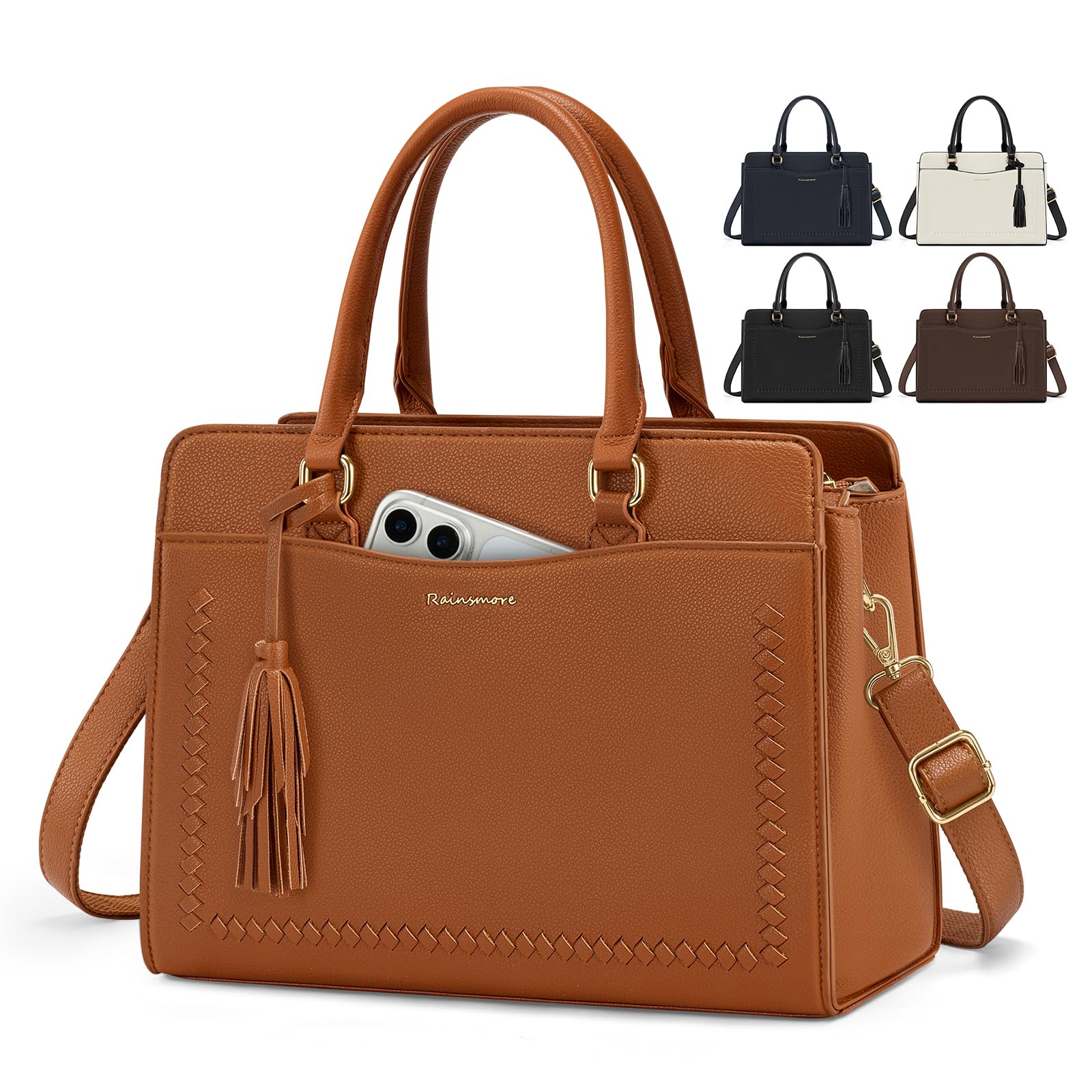 RAINSMORE Handtasche Damen Mittelgroß Umhängetasche Format A4 Wasserdicht | Henkeltaschen Damen PU Leder Arbeitstasche für 11" Tablet mit Schulterriemen für Arbeit Freizeit Alltags