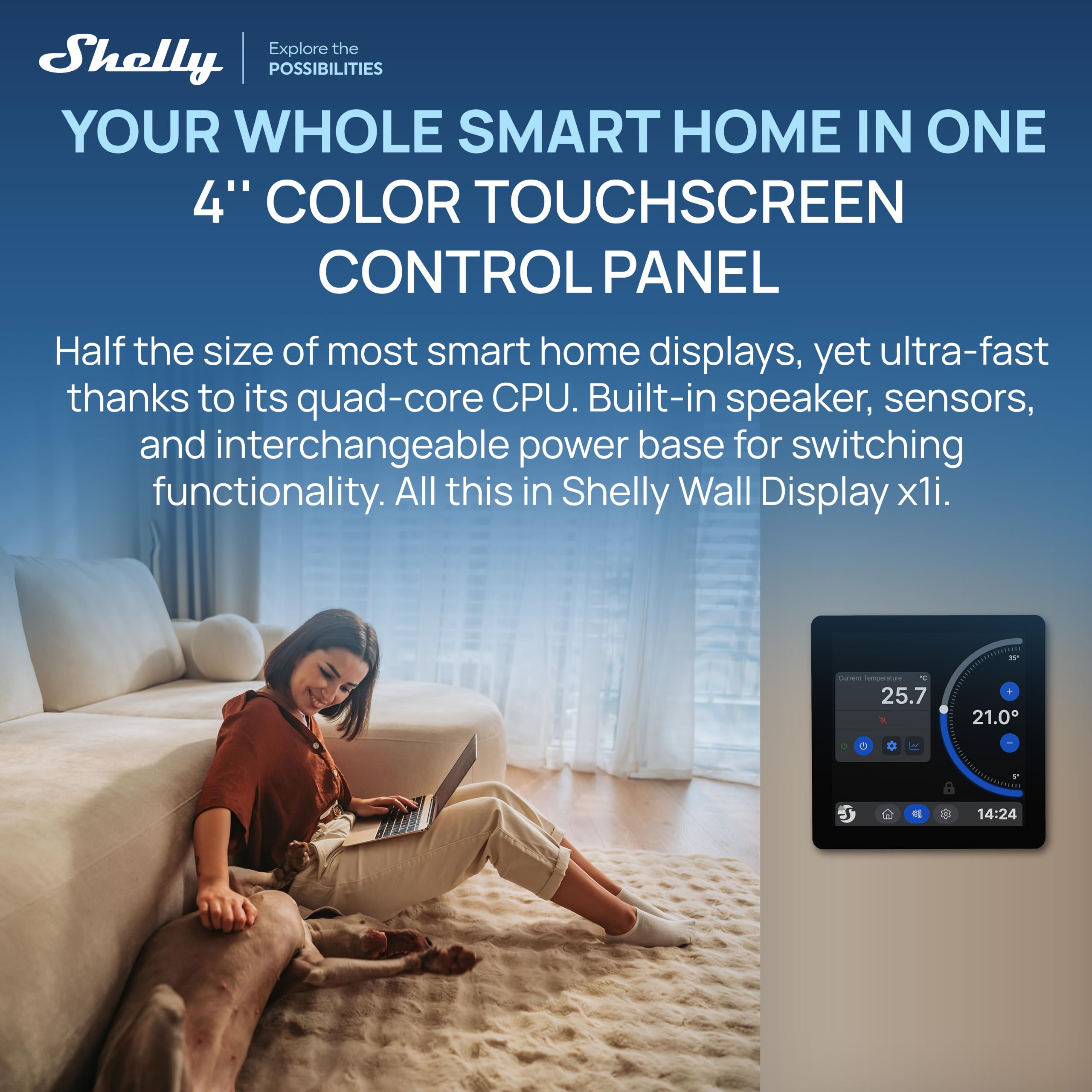 Shelly Wall Display X1i Argenté – Panneau de contrôle Domotique 4", Wi-Fi 6 Dual Band et Bluetooth, Relais 5A, CPU Quad-core, Capteurs lumière, Proximité et gestes, Compatible Home Assistant, Appli