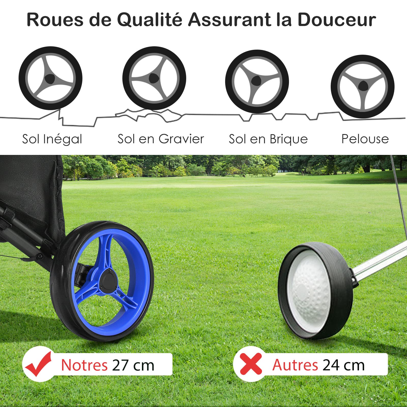 GOPLUS Chariot de Golf Pliable à 3 Roues, 4 Positions de Hauteur Réglables, Cadre en Alu, Porte-ombrelle Réglable, Sac Étanche, Frein à Pied, 121 x 70 x 116 CM