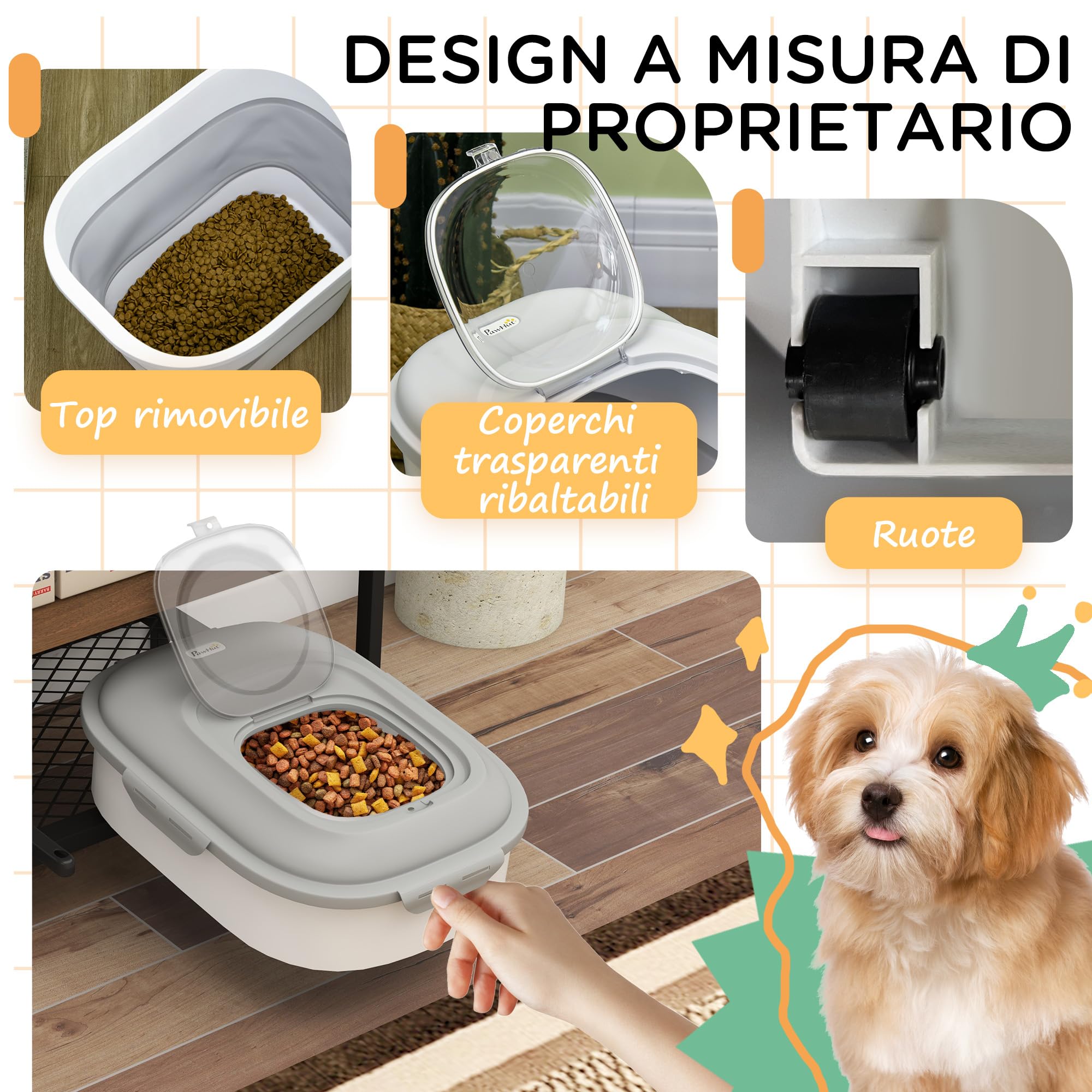 PawHut Porta Crocchette Cani Capacità 5-25L con Chiusura Ermetica e Box Deumidificante, Contenitore Cibo Cani in PP e TPE, 44x32x37 cm, Grigio